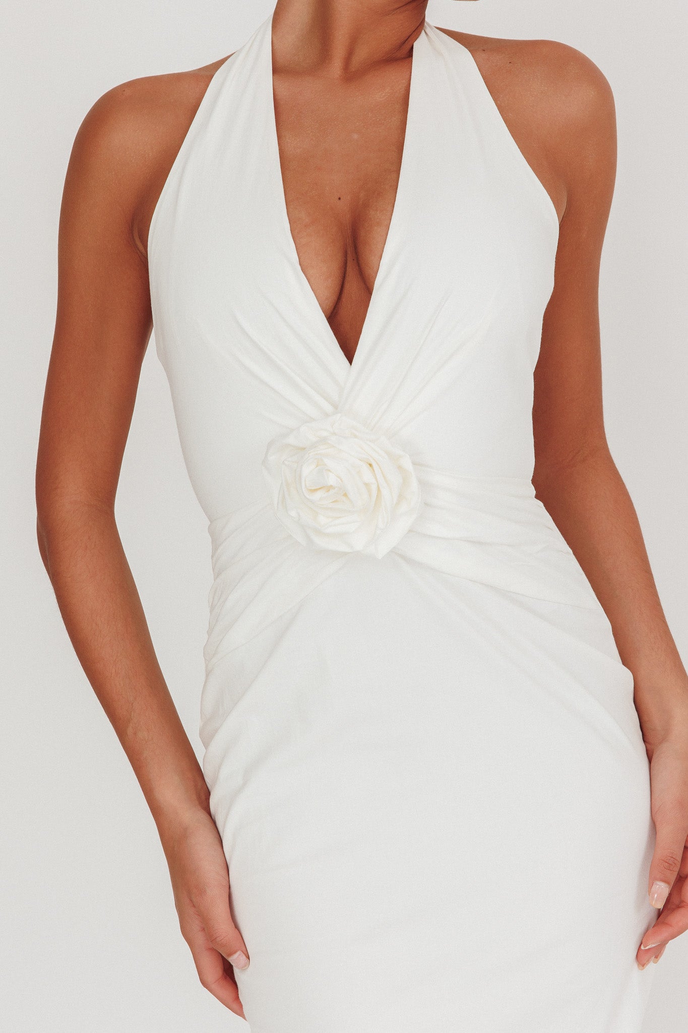 Sinners Rosette Halter Neck Maxi Dress White by Selfie Leslie Australia