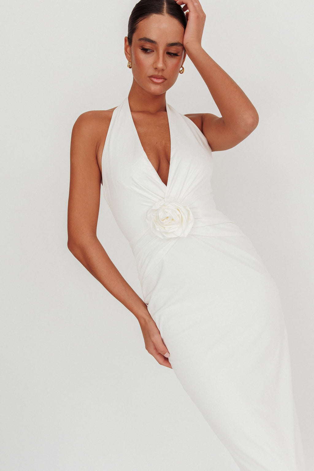 Sinners Rosette Halter Neck Maxi Dress White by Selfie Leslie Australia