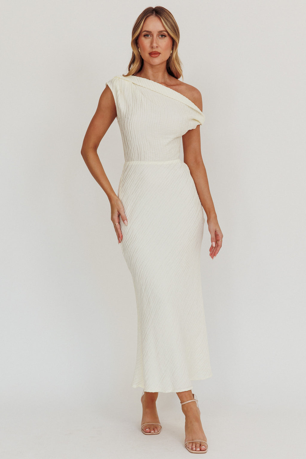 Play Date Off Shoulder Textured Midi Dress Cream by Selfie Leslie Australia