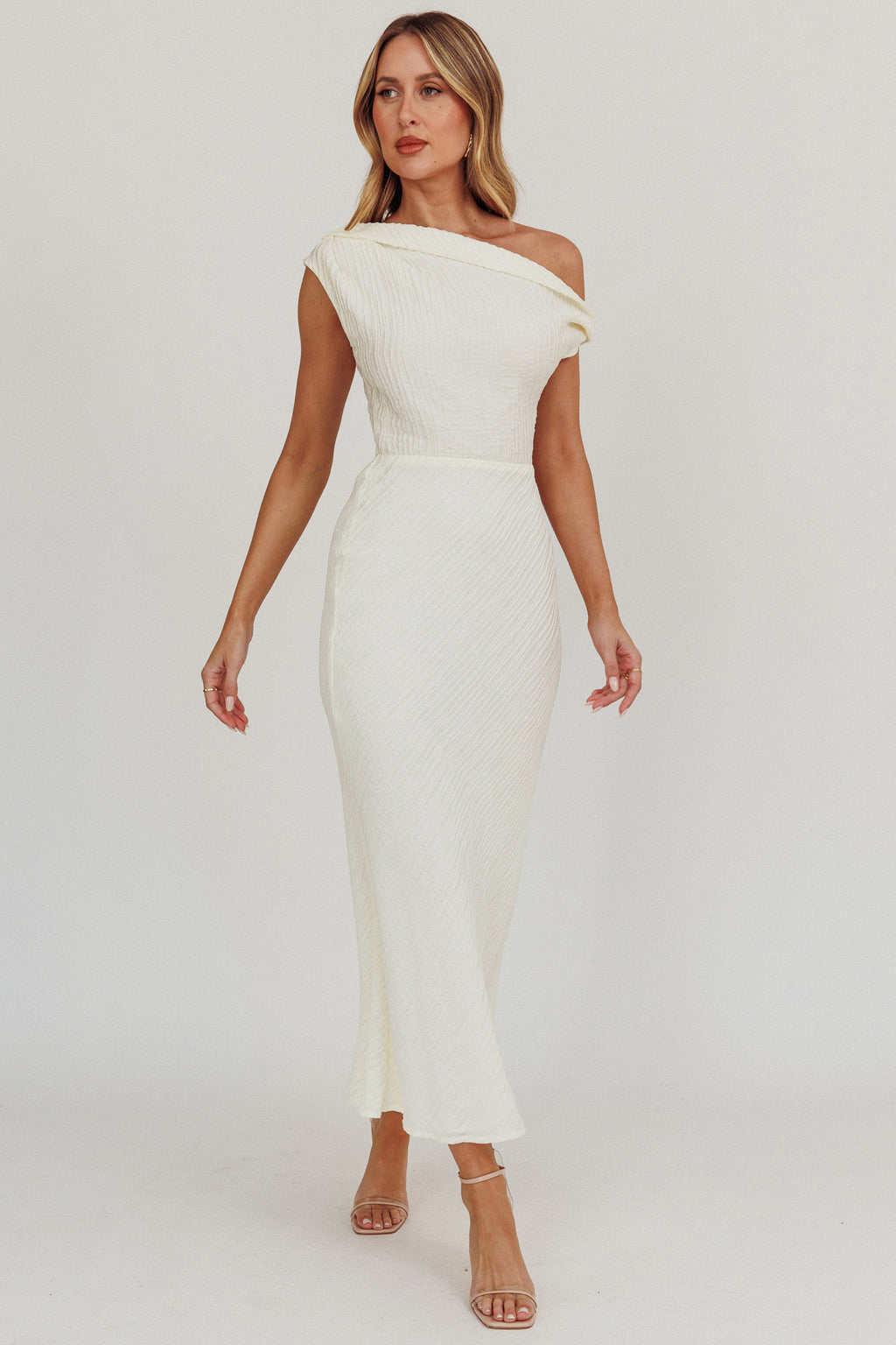 Play Date Off Shoulder Textured Midi Dress Cream by Selfie Leslie Australia