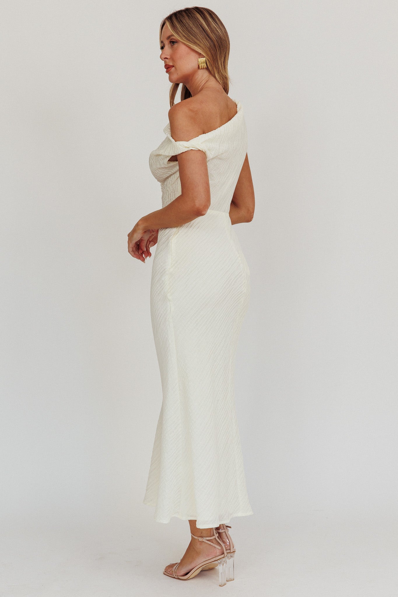 Play Date Off Shoulder Textured Midi Dress Cream by Selfie Leslie Australia