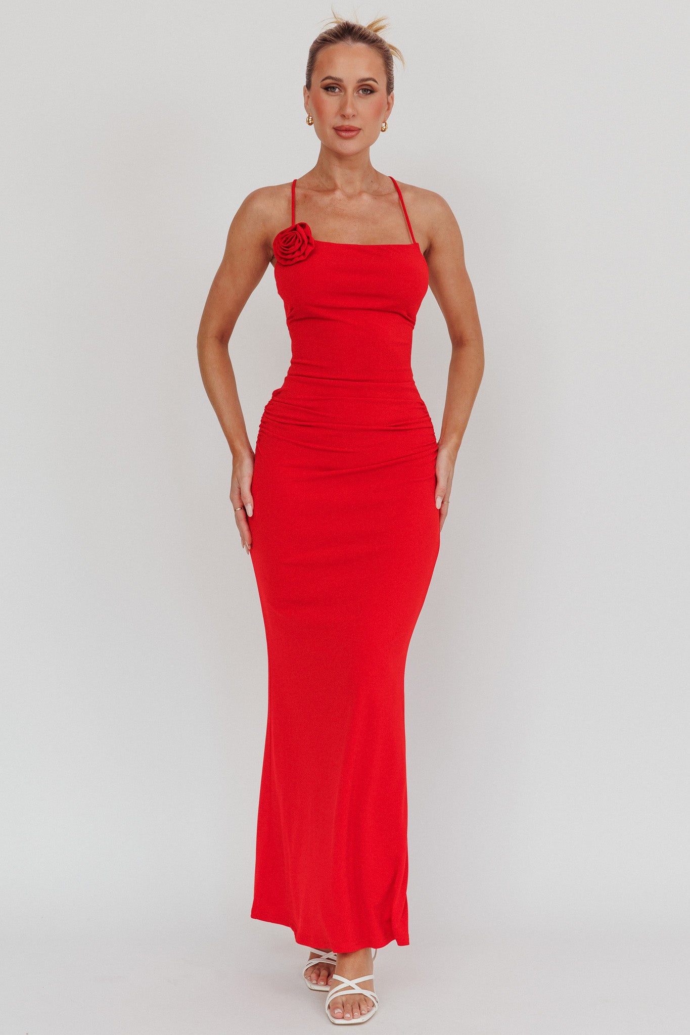 Ignite Rosette Backless Maxi Dress Cherry by Selfie Leslie Australia