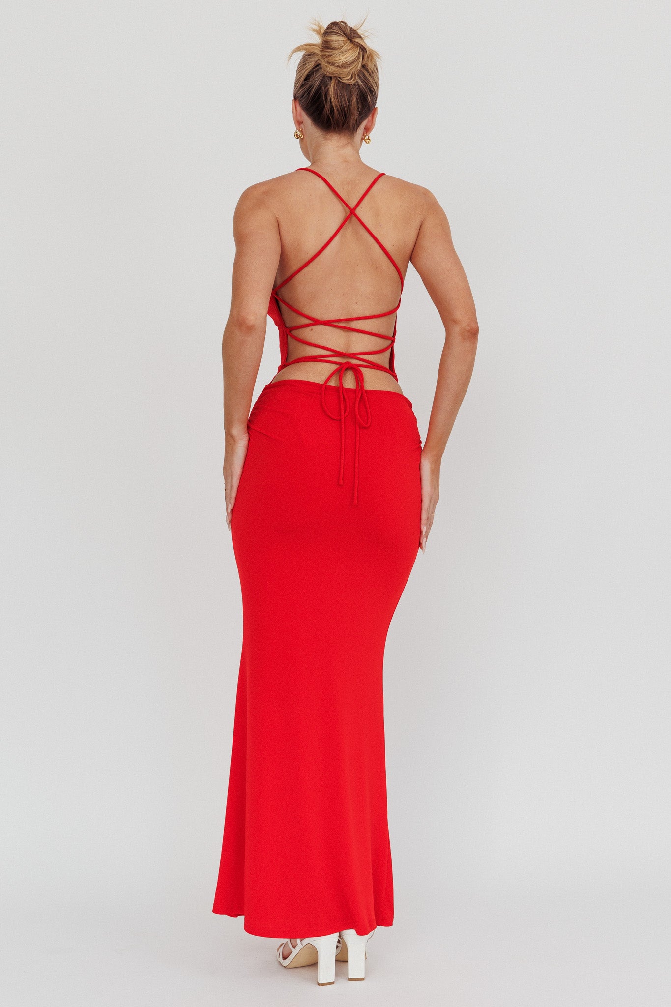 Ignite Rosette Backless Maxi Dress Cherry by Selfie Leslie Australia