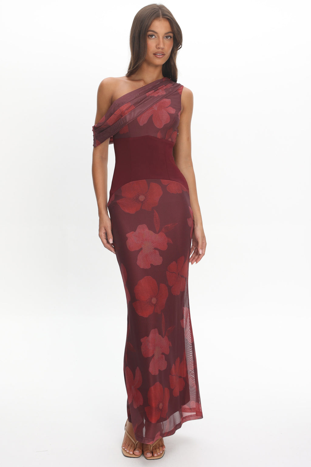 Milos Asymmetric Neckline Maxi Dress Floral Grape by Selfie Leslie Australia