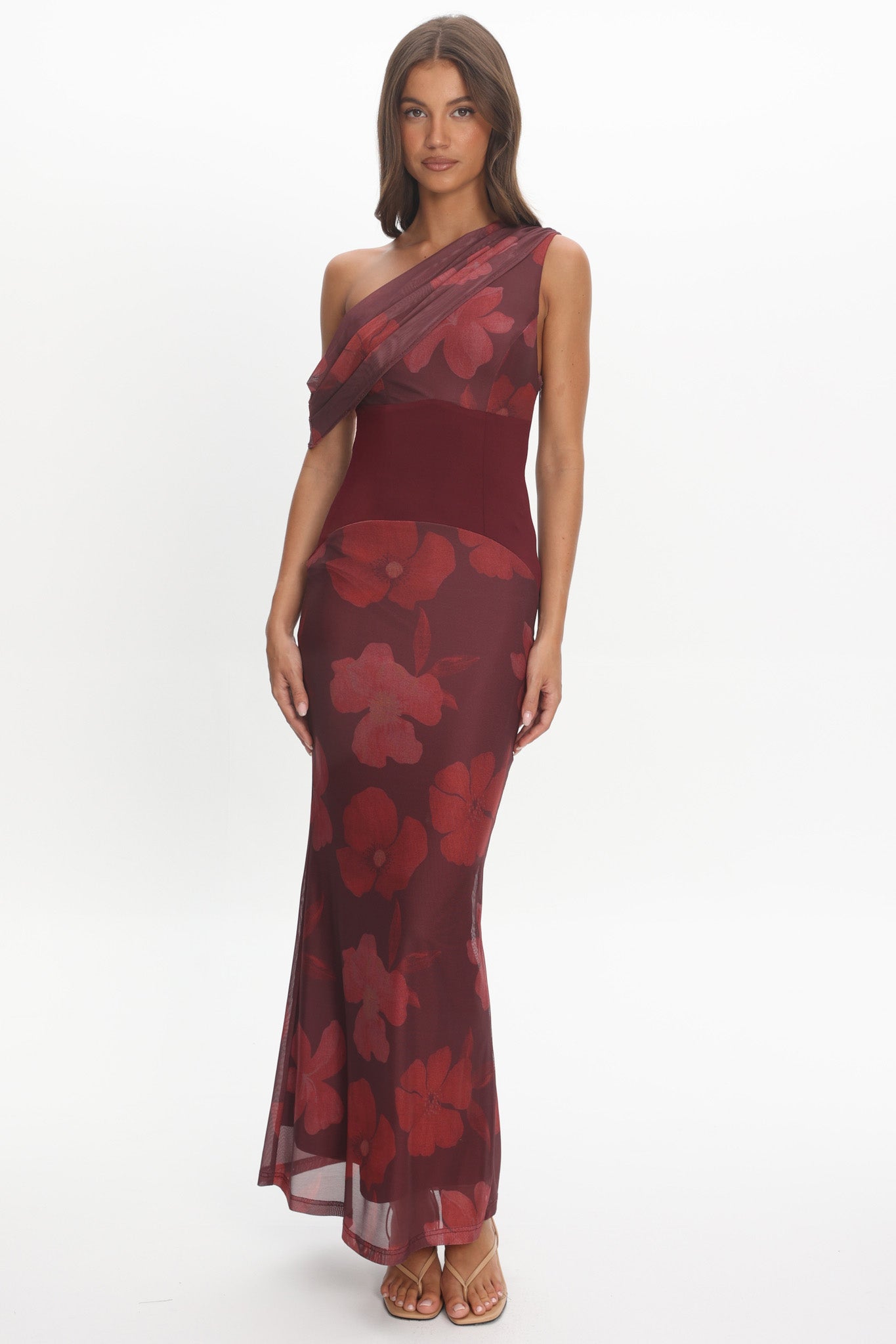 Milos Asymmetric Neckline Maxi Dress Floral Grape by Selfie Leslie Australia
