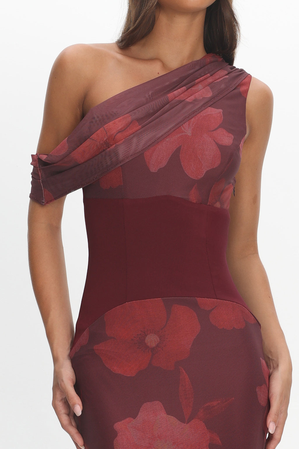 Milos Asymmetric Neckline Maxi Dress Floral Grape by Selfie Leslie Australia