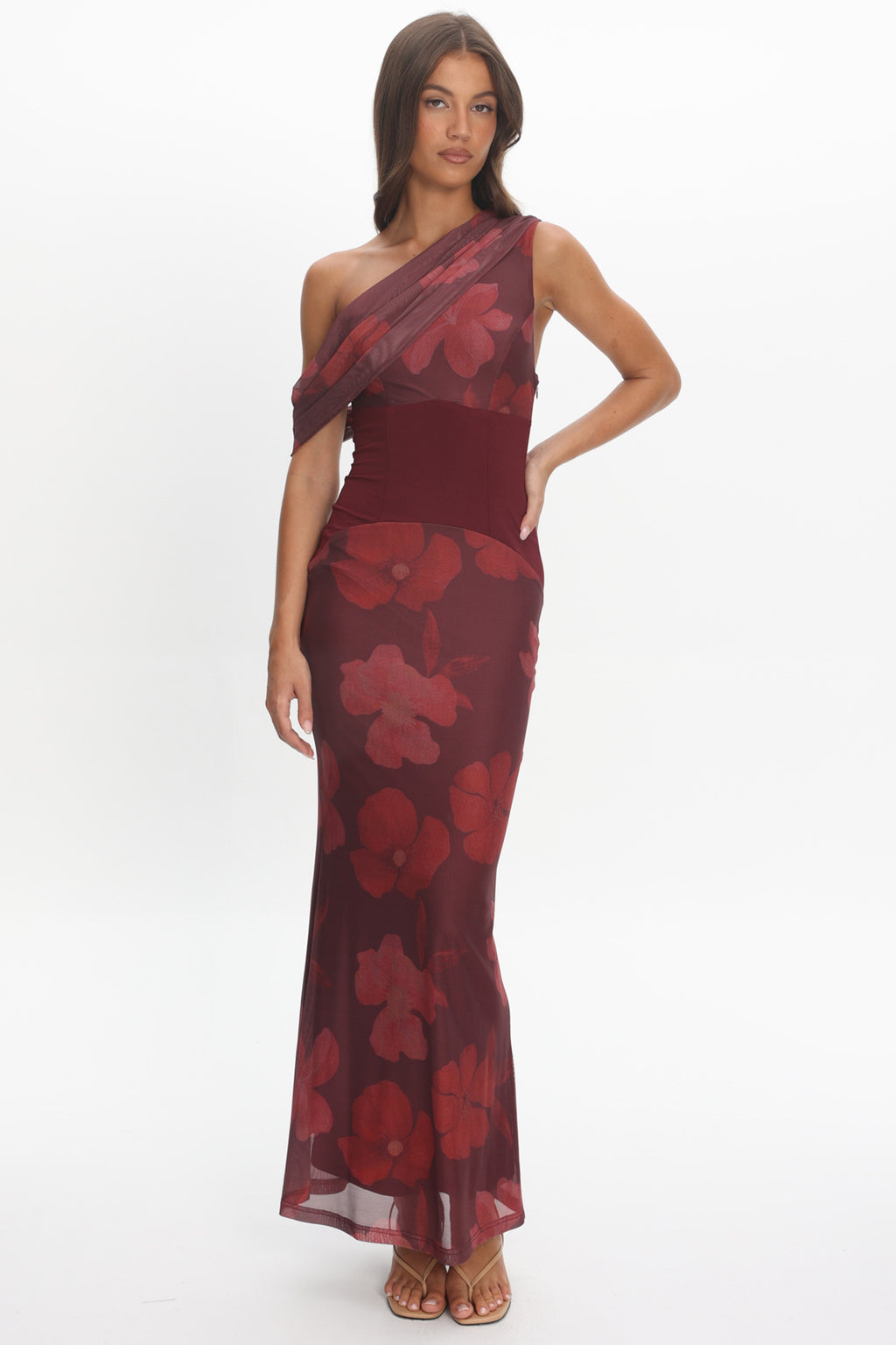 Milos Asymmetric Neckline Maxi Dress Floral Grape by Selfie Leslie Australia