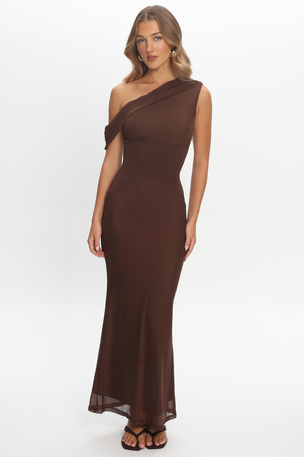 Milos Asymmetric Neckline Maxi Dress Chocolate by Selfie Leslie Australia