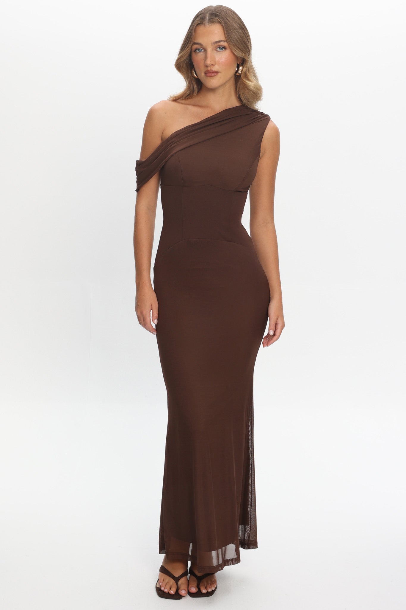 Milos Asymmetric Neckline Maxi Dress Chocolate by Selfie Leslie Australia