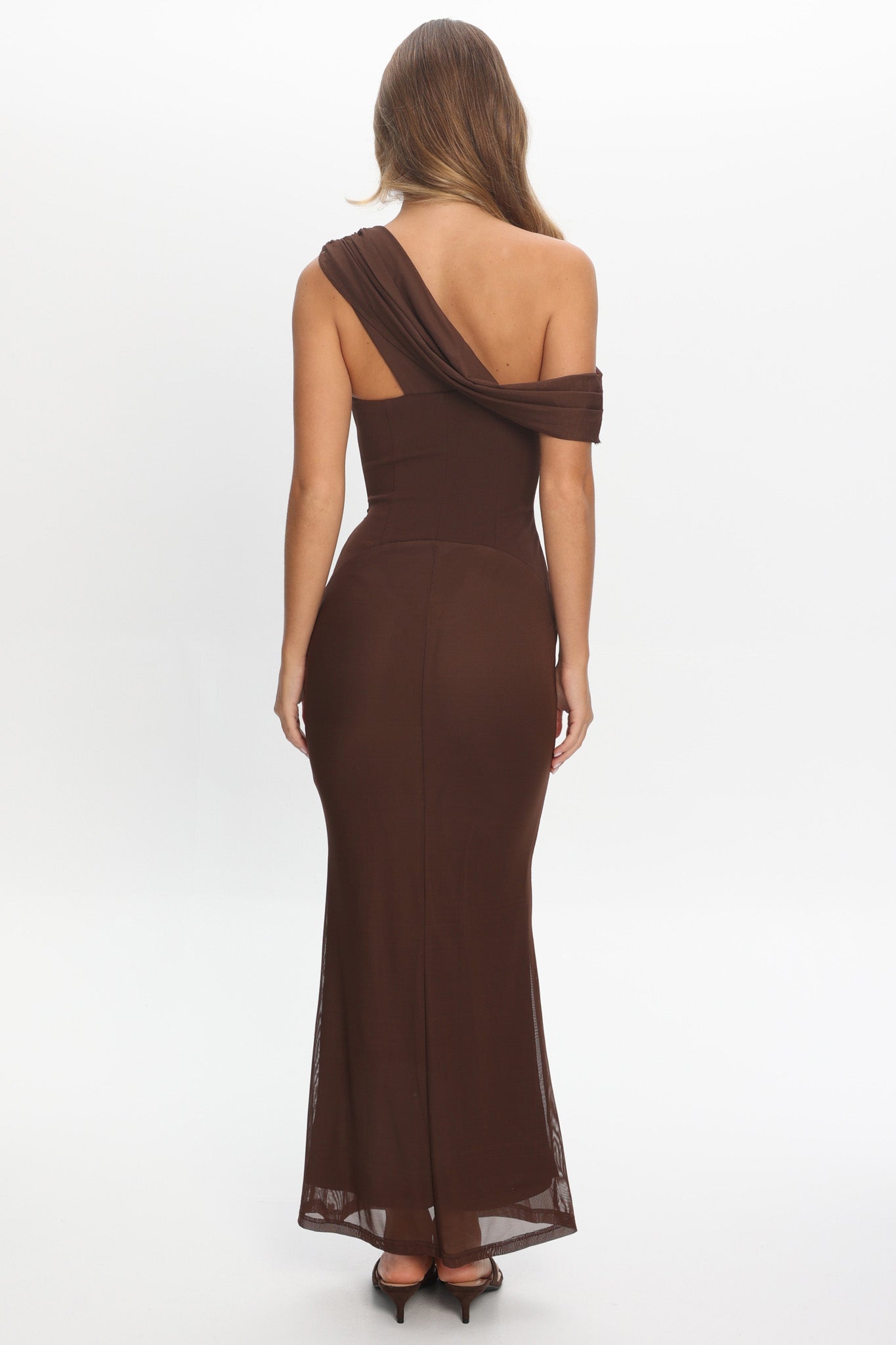 Milos Asymmetric Neckline Maxi Dress Chocolate by Selfie Leslie Australia