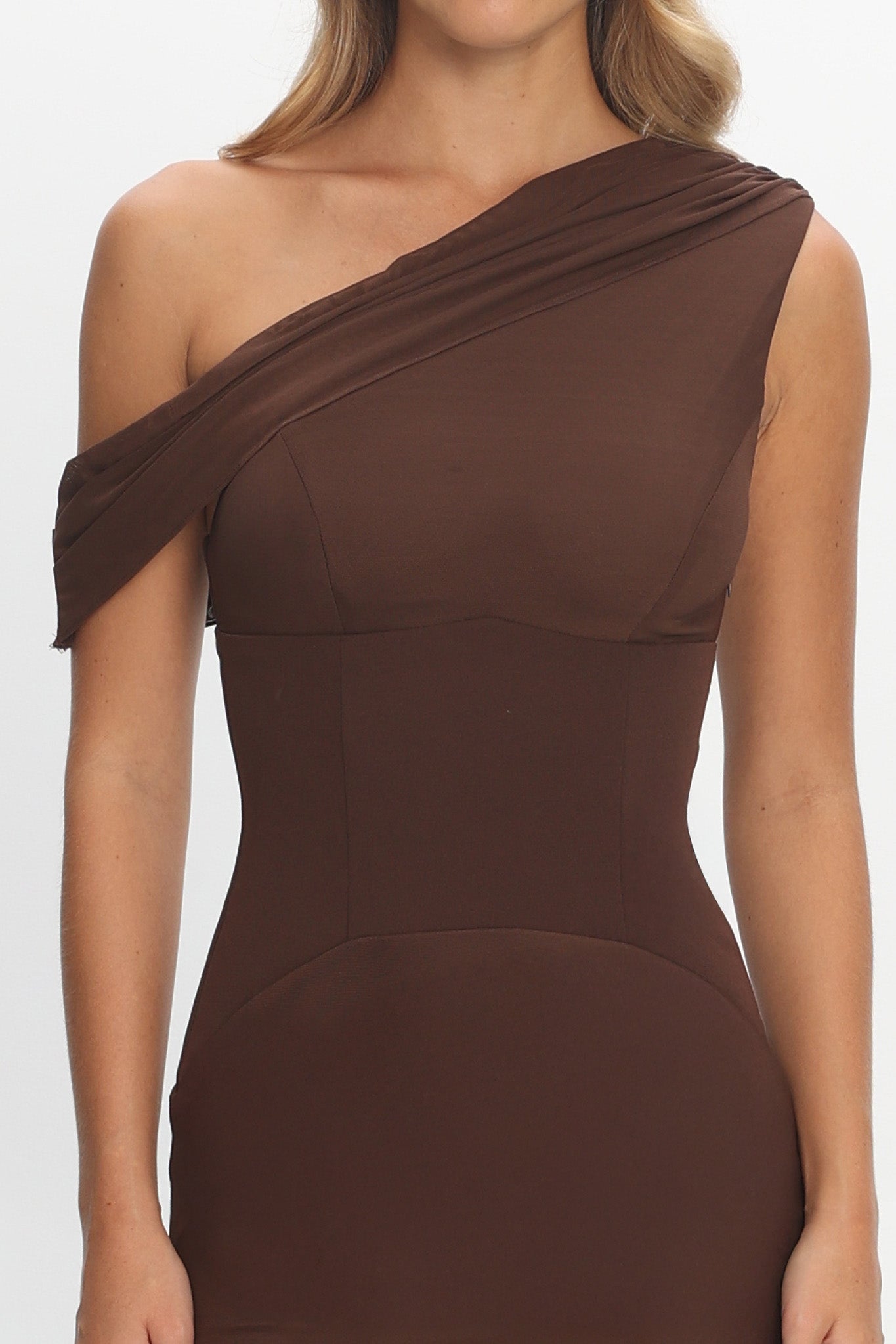 Milos Asymmetric Neckline Maxi Dress Chocolate by Selfie Leslie Australia