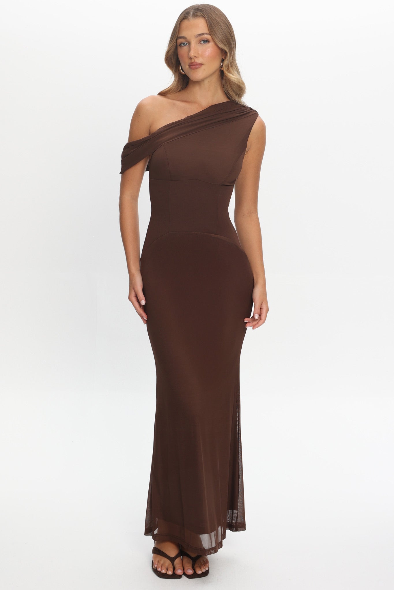 Milos Asymmetric Neckline Maxi Dress Chocolate by Selfie Leslie Australia