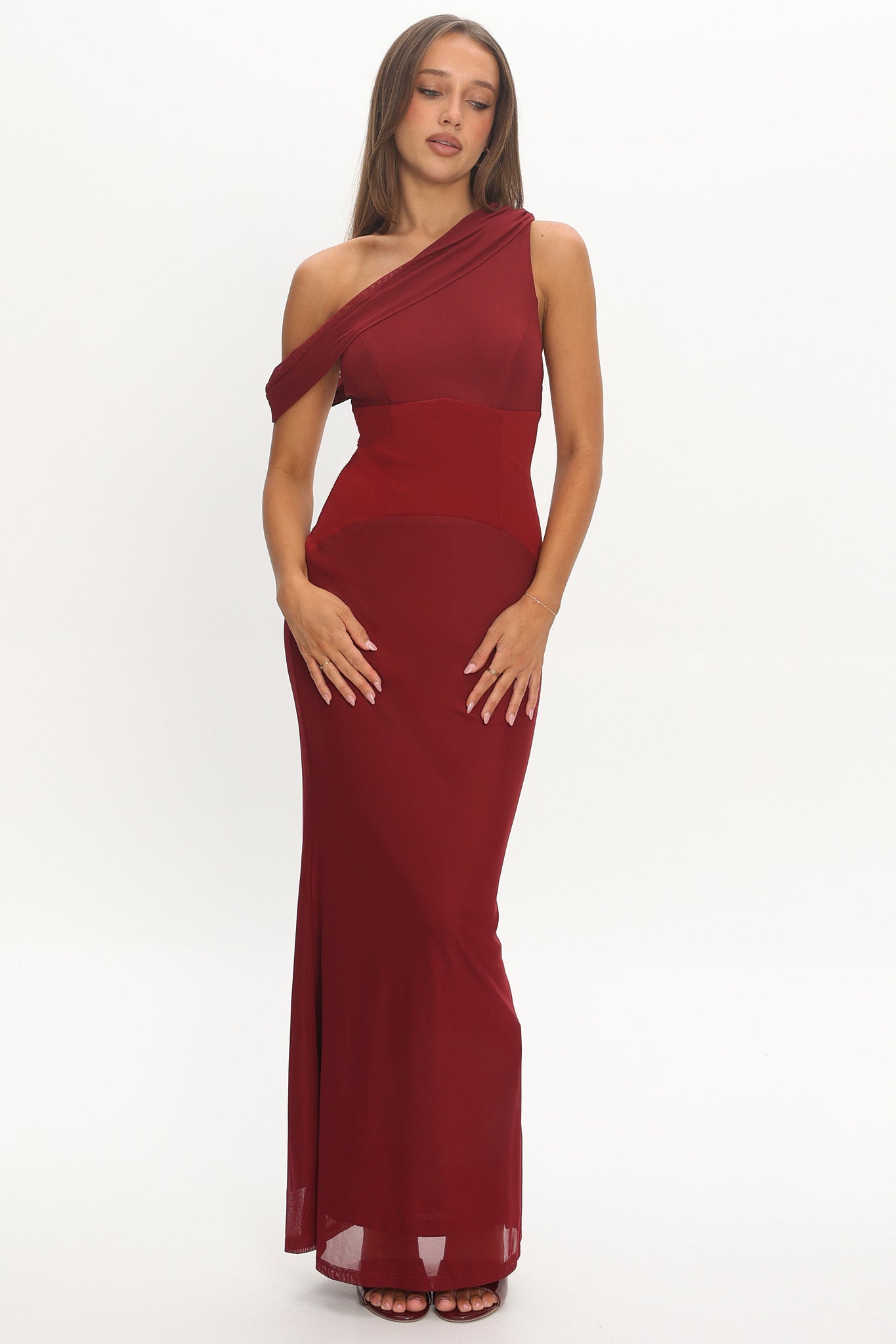 Milos Asymmetric Neckline Maxi Dress Wine by Selfie Leslie Australia