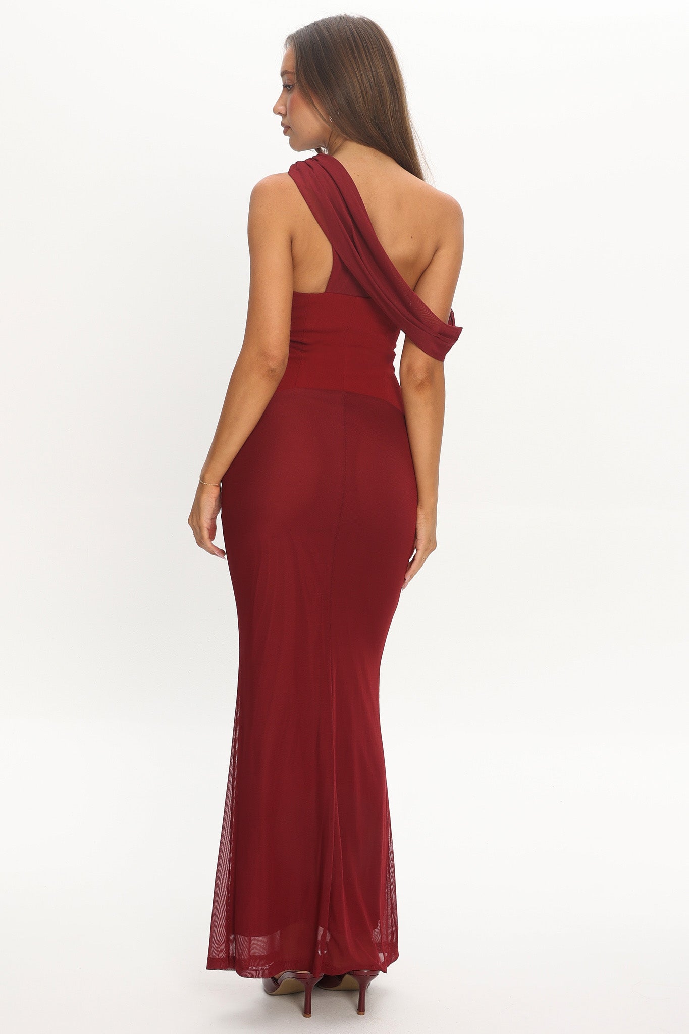 Milos Asymmetric Neckline Maxi Dress Wine by Selfie Leslie Australia