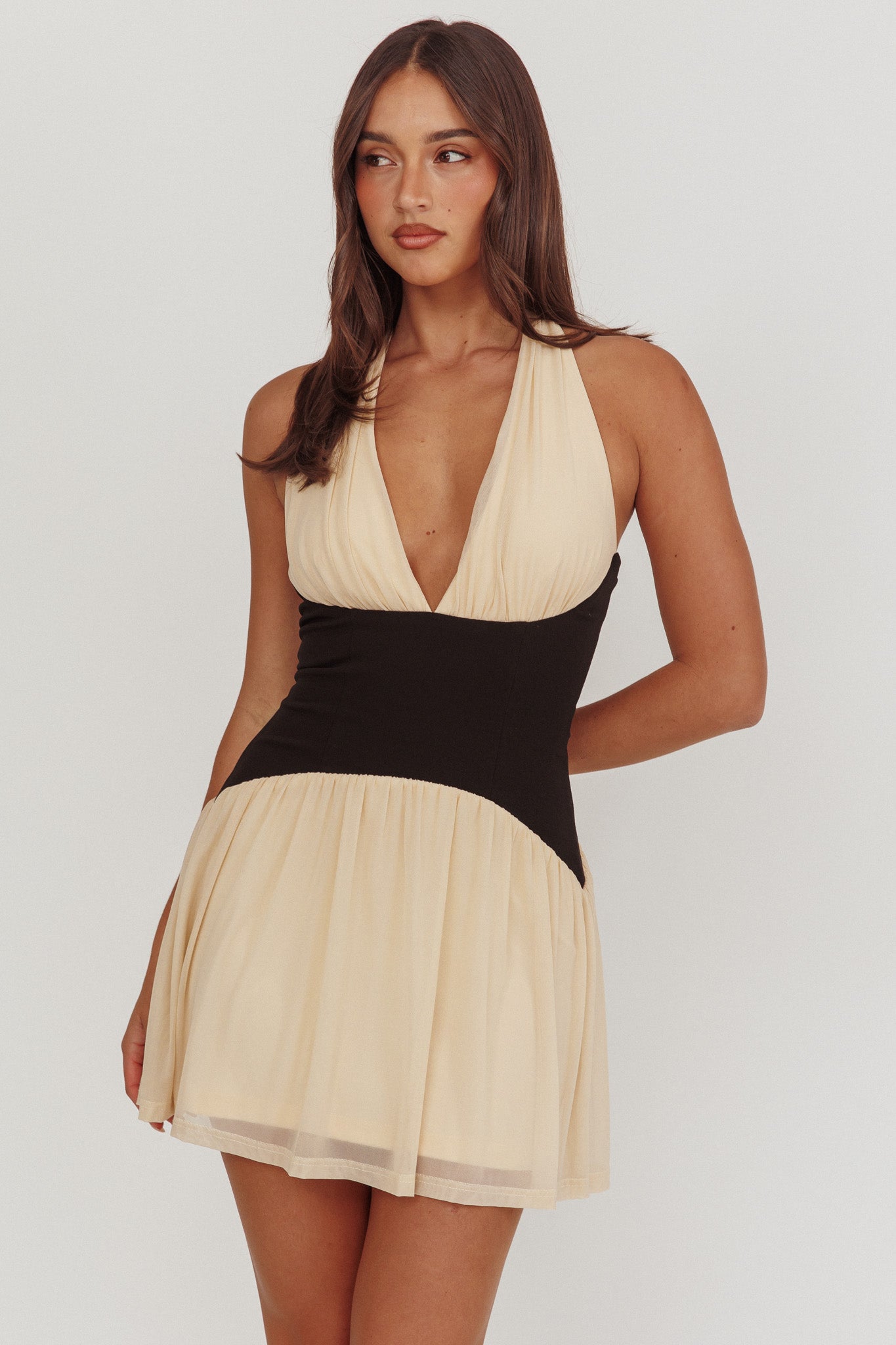 Milos Contrast Halter Mini Dress Cream by Selfie Leslie Australia