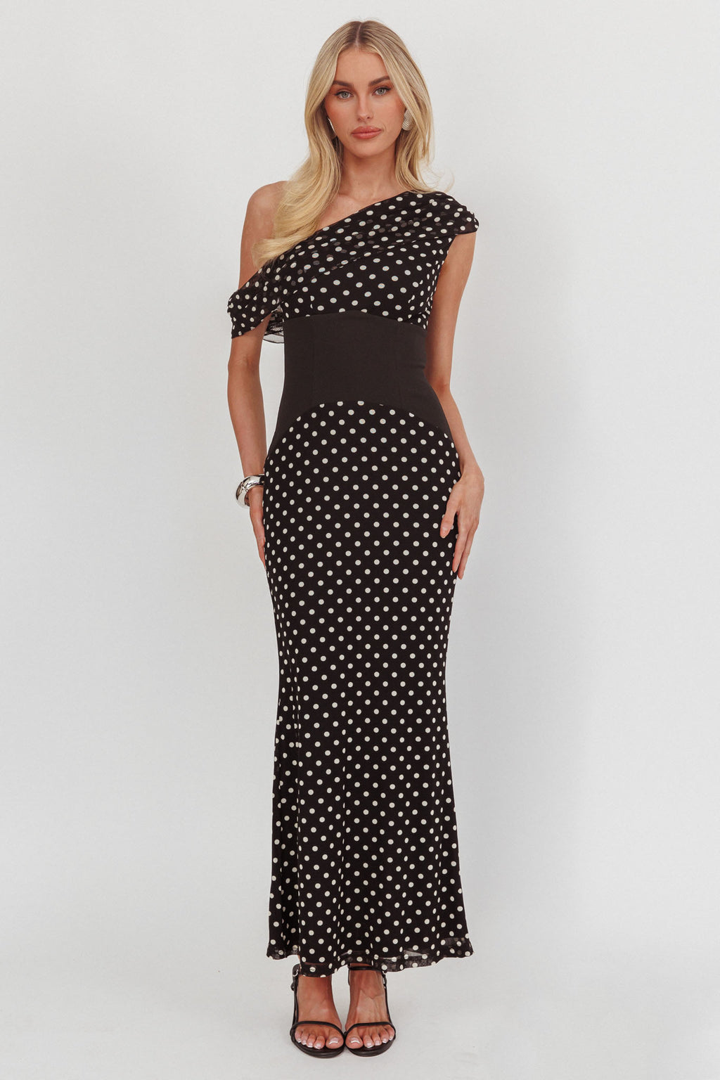 Milos Asymmetric Neckline Maxi Dress Black Dot by Selfie Leslie Australia