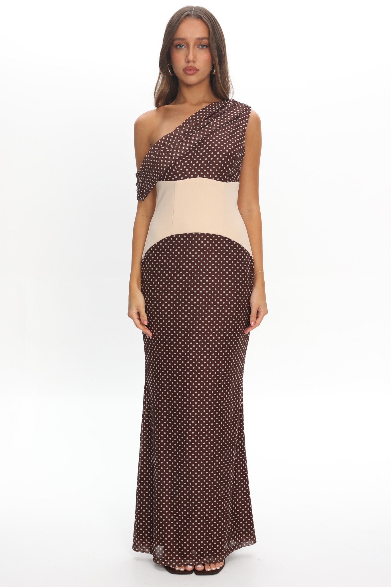 Milos Asymmetric Neckline Maxi Dress Chocolate Dot by Selfie Leslie Australia