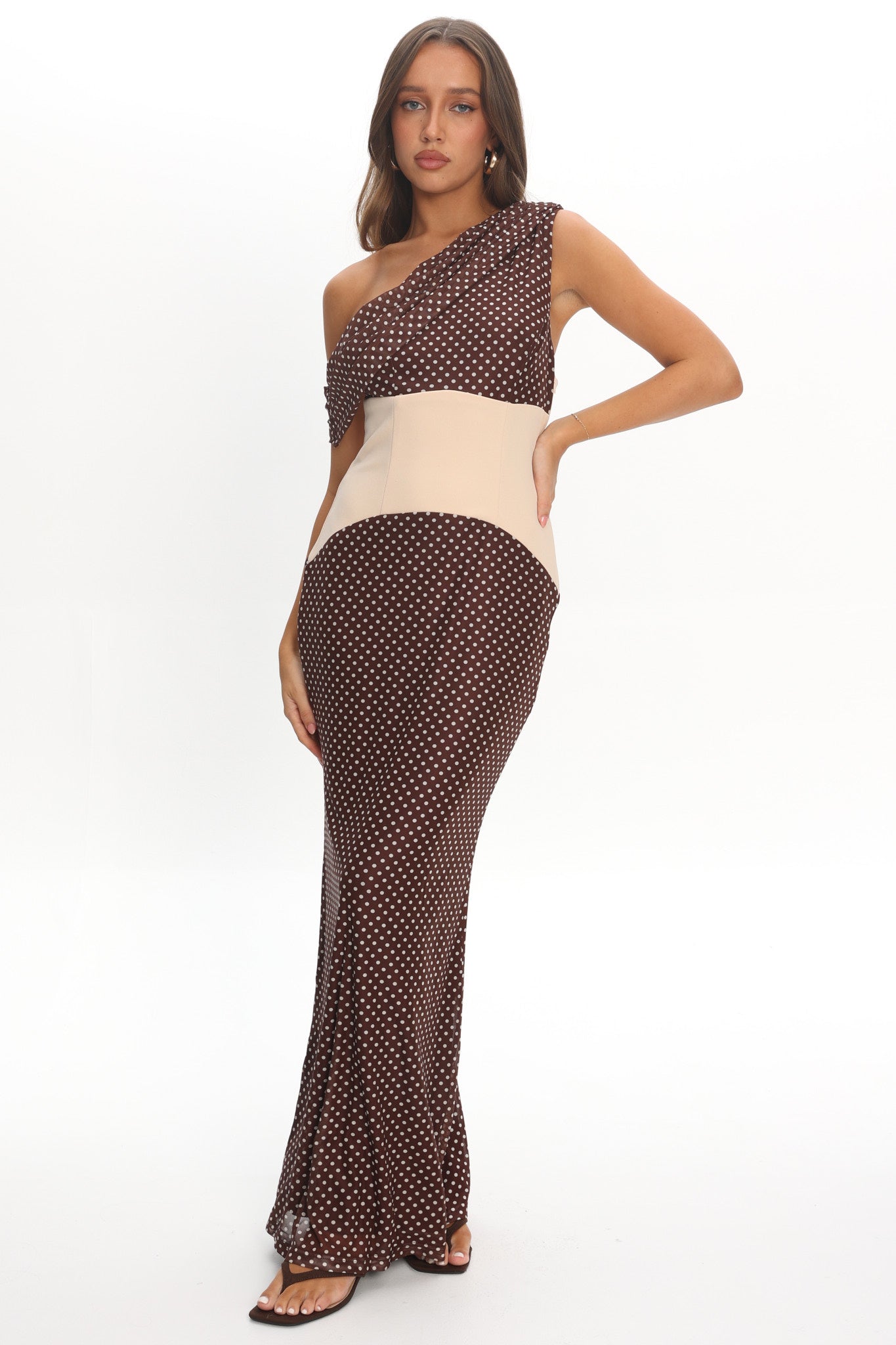 Milos Asymmetric Neckline Maxi Dress Chocolate Dot by Selfie Leslie Australia