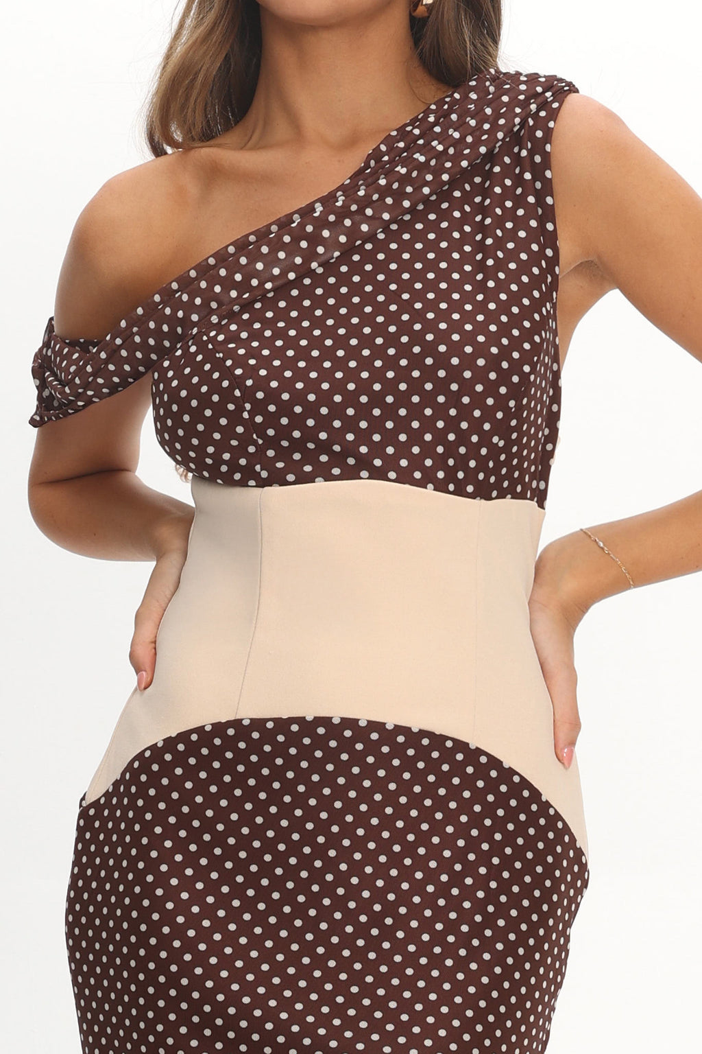 Milos Asymmetric Neckline Maxi Dress Chocolate Dot by Selfie Leslie Australia
