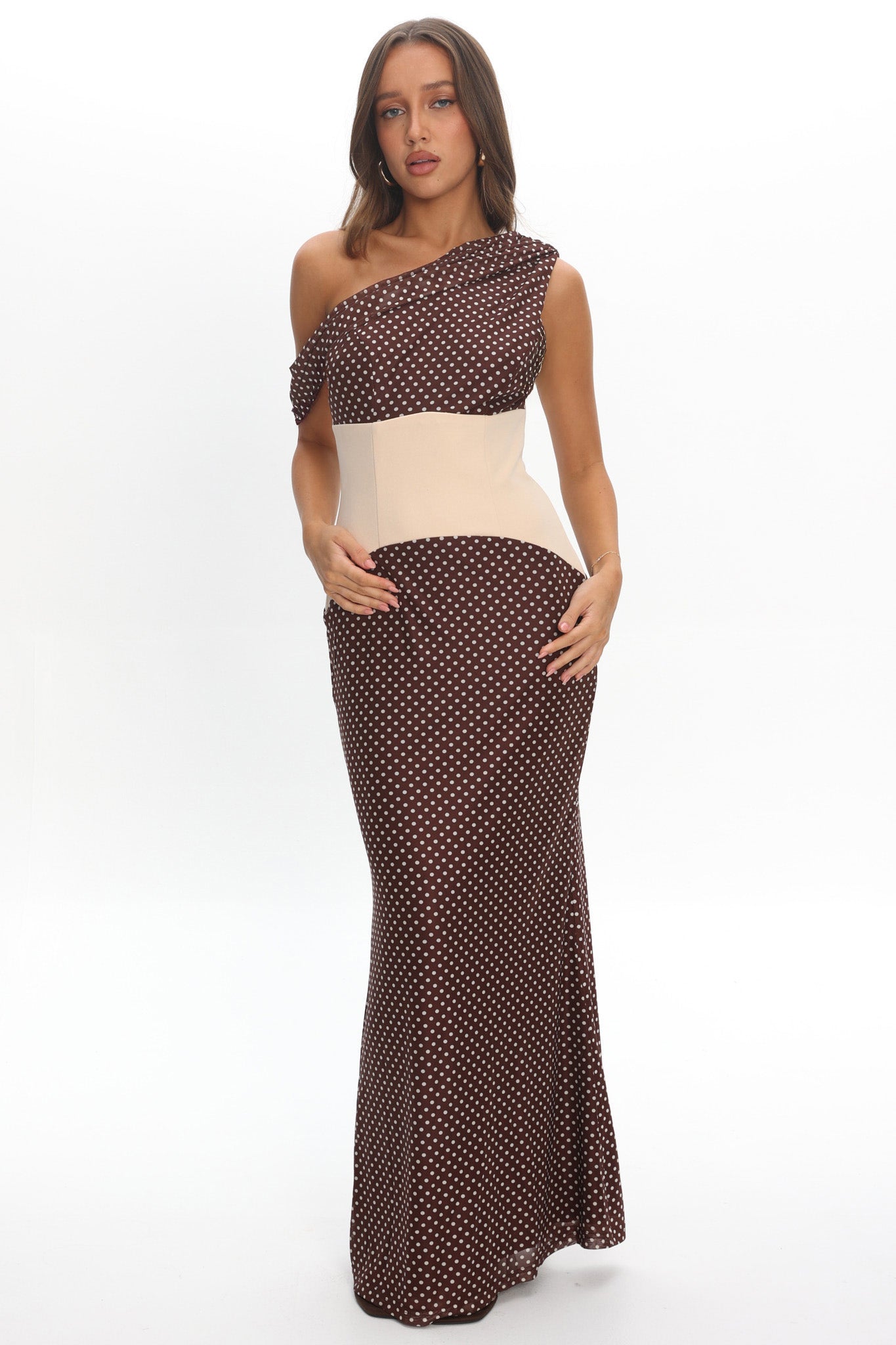 Milos Asymmetric Neckline Maxi Dress Chocolate Dot by Selfie Leslie Australia