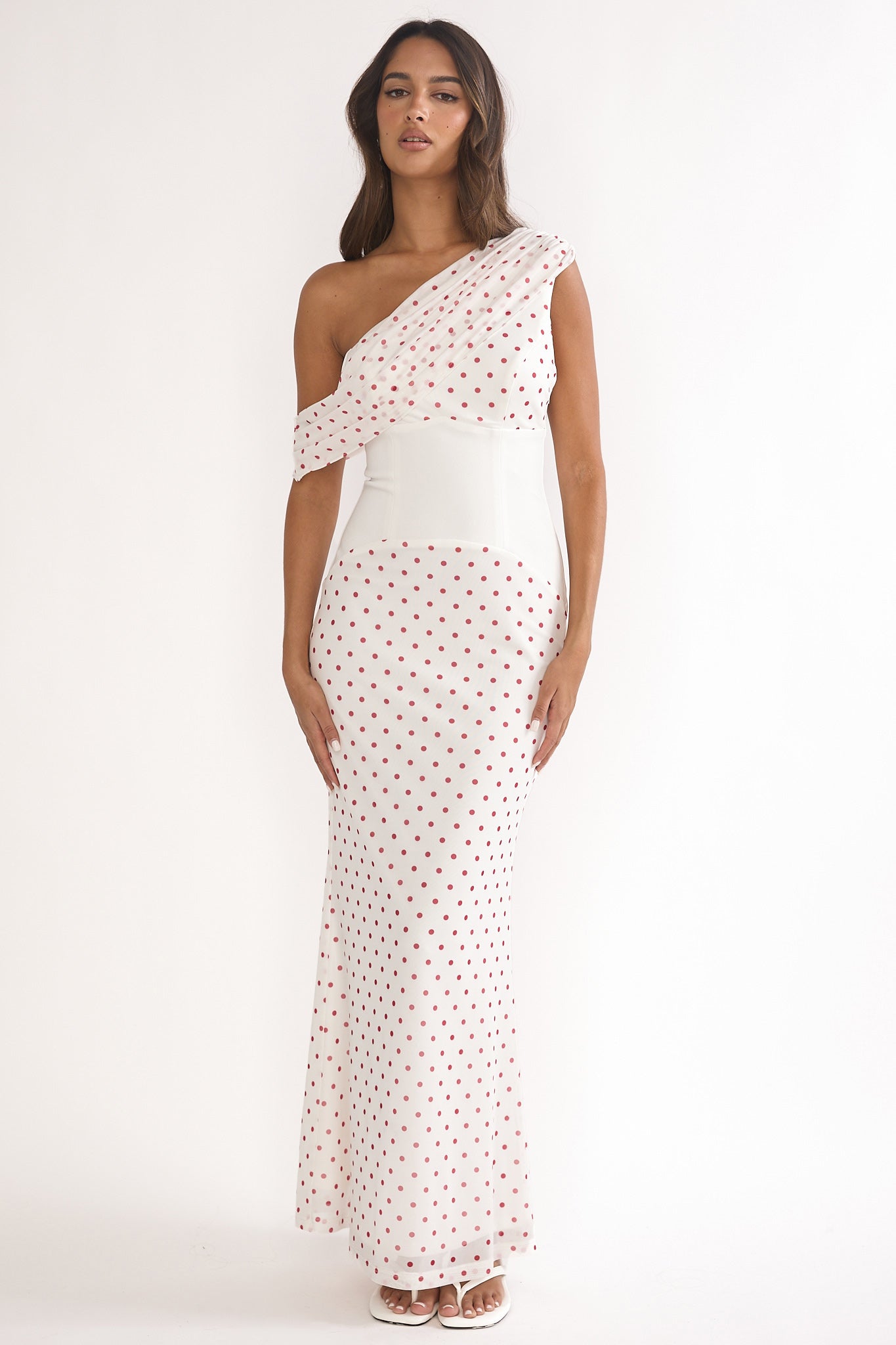 Milos Asymmetric Neckline Maxi Dress Polka Dot Red by Selfie Leslie Australia