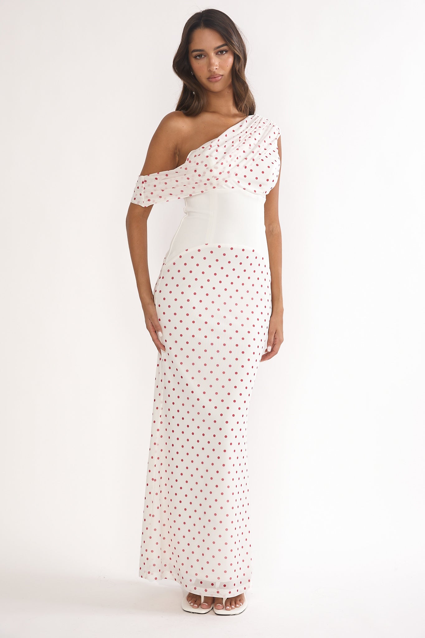 Milos Asymmetric Neckline Maxi Dress Polka Dot Red by Selfie Leslie Australia