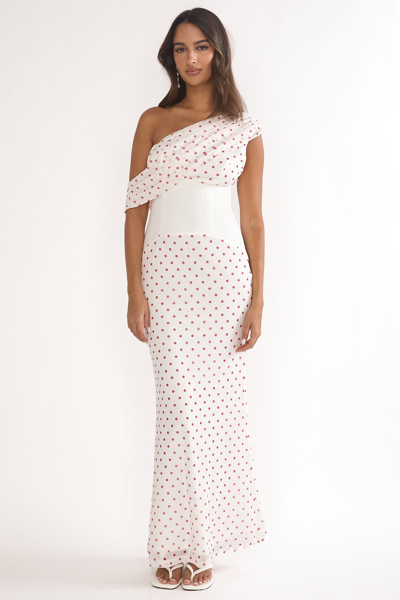 Milos Asymmetric Neckline Maxi Dress Polka Dot Red by Selfie Leslie Australia