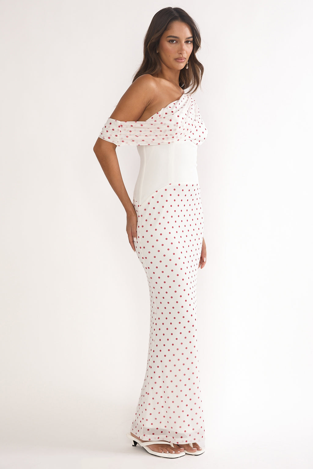 Milos Asymmetric Neckline Maxi Dress Polka Dot Red by Selfie Leslie Australia
