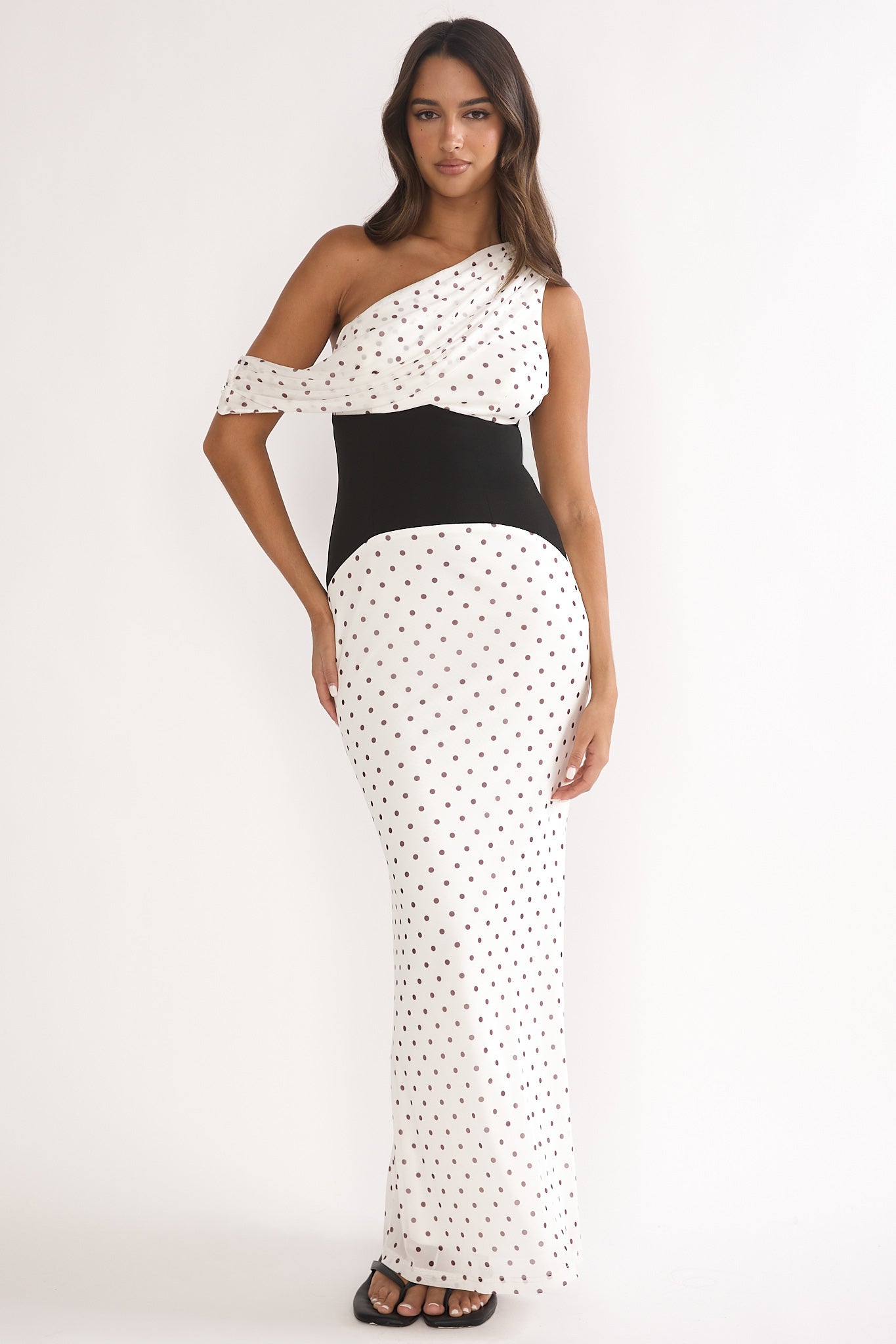 Milos Asymmetric Neckline Maxi Dress Polka Dot Brown by Selfie Leslie Australia
