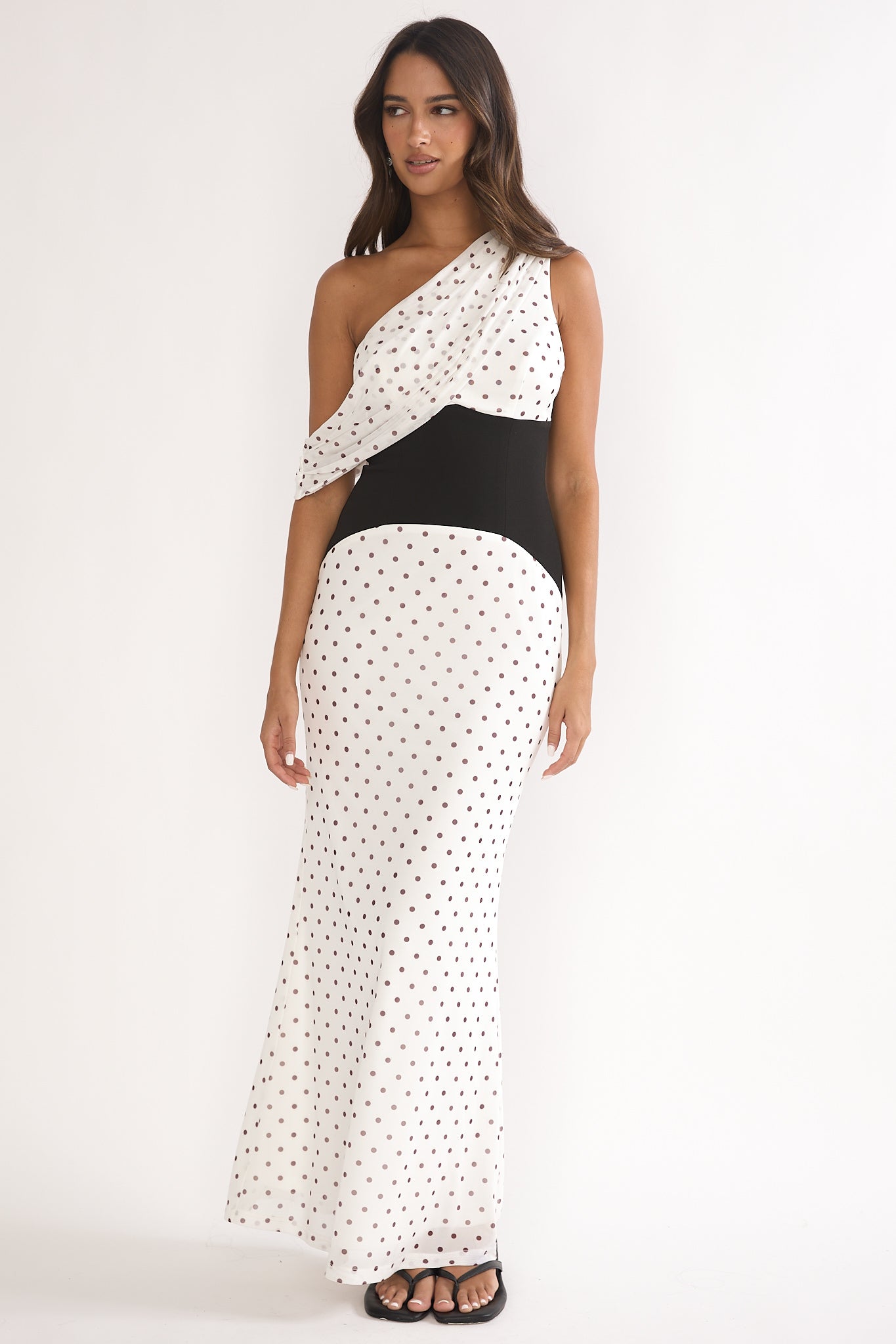 Milos Asymmetric Neckline Maxi Dress Polka Dot Brown by Selfie Leslie Australia