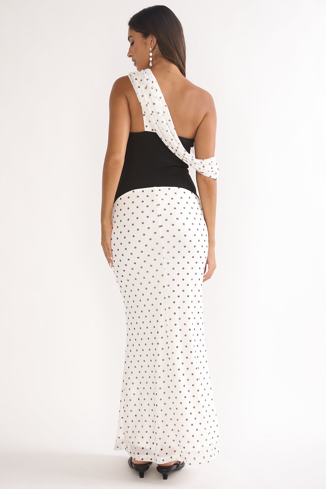 Milos Asymmetric Neckline Maxi Dress Polka Dot Brown by Selfie Leslie Australia