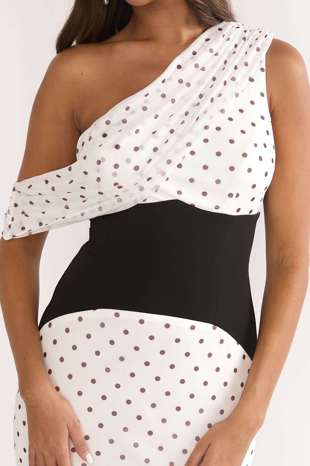 Milos Asymmetric Neckline Maxi Dress Polka Dot Brown by Selfie Leslie Australia