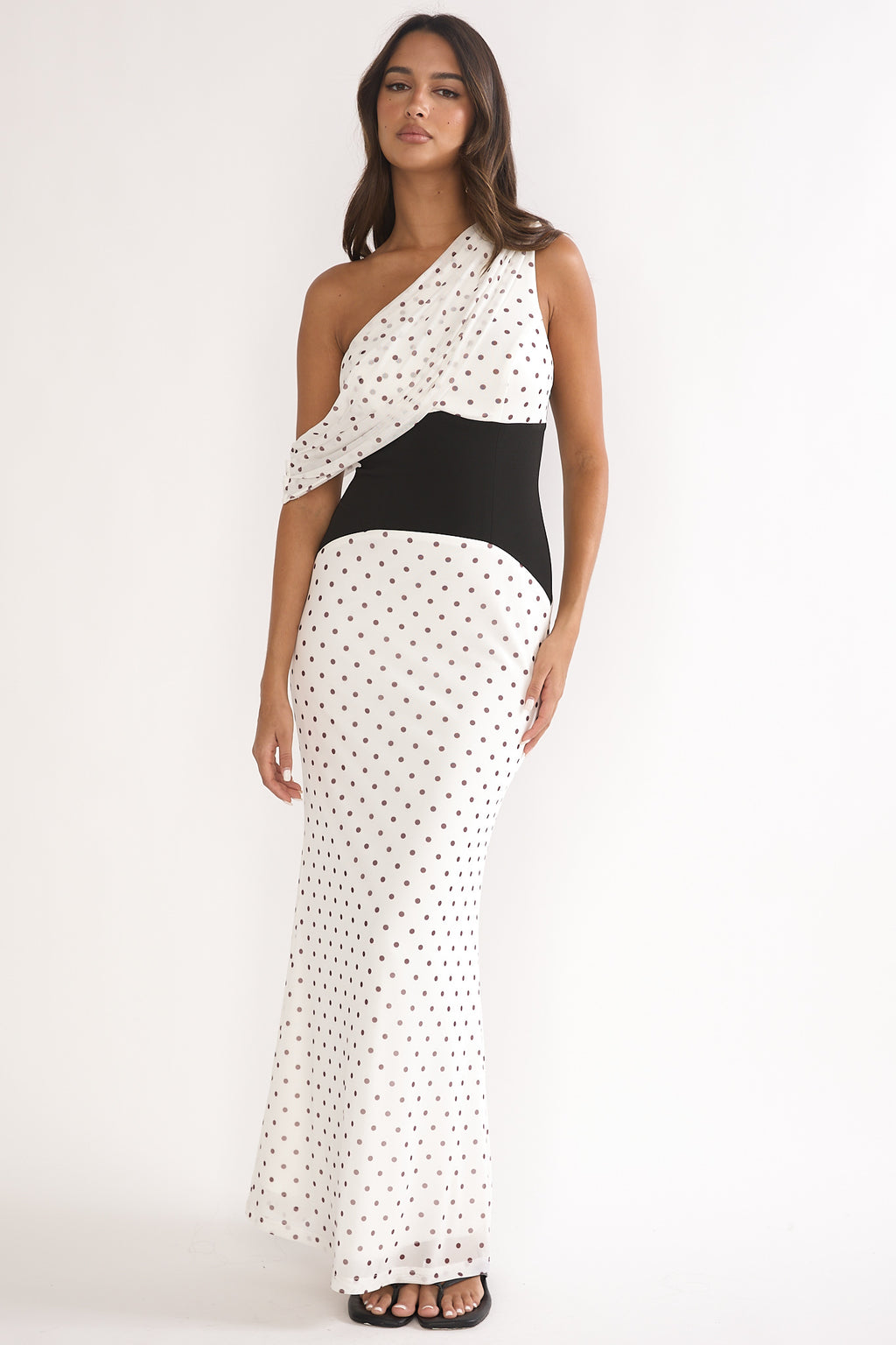 Milos Asymmetric Neckline Maxi Dress Polka Dot Brown by Selfie Leslie Australia