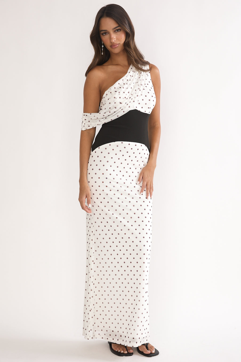 Milos Asymmetric Neckline Maxi Dress Polka Dot Brown by Selfie Leslie Australia