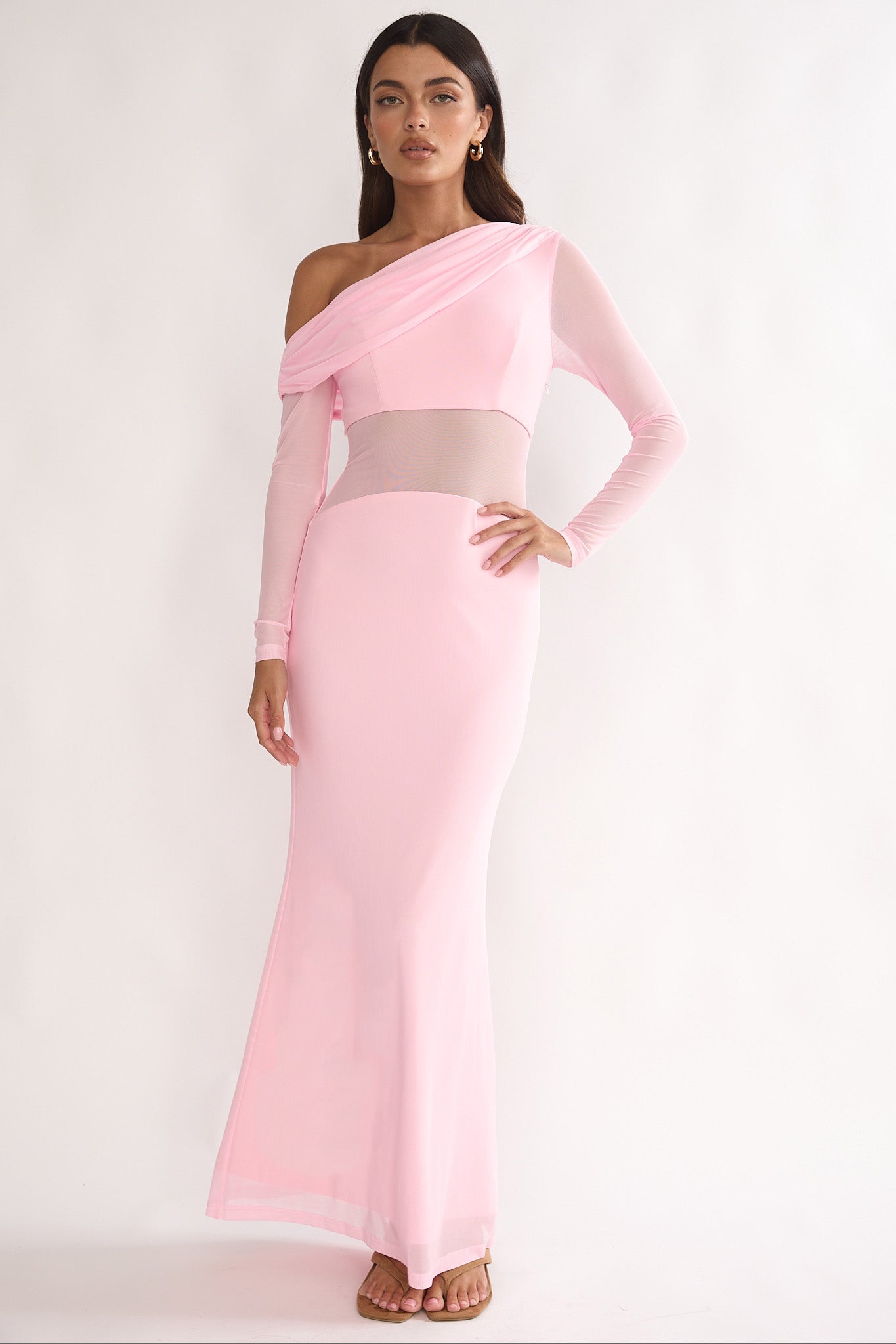 Milos Asymmetric Neckline Long Sleeve Maxi Dress Pink by Selfie Leslie Australia