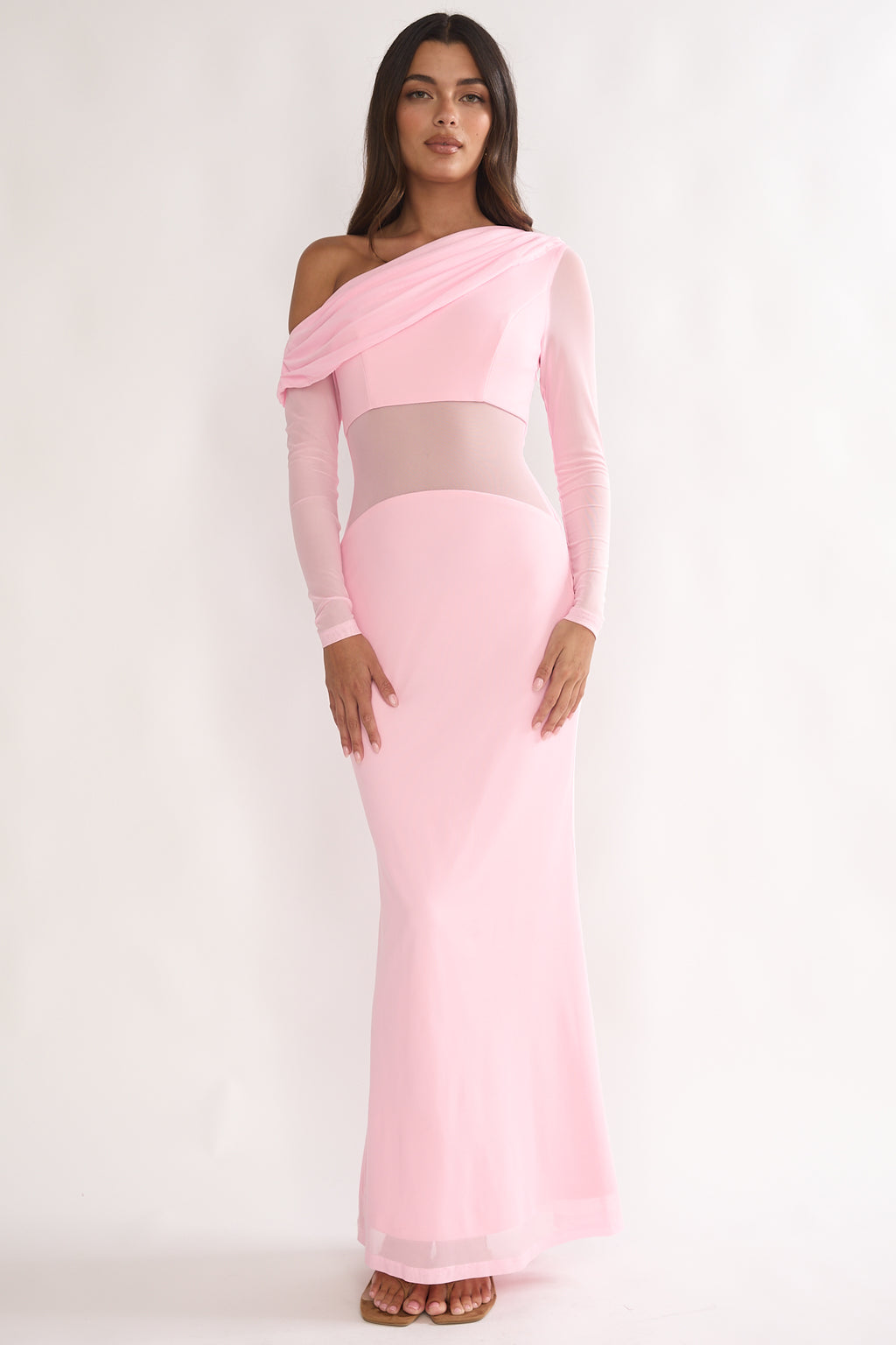 Milos Asymmetric Neckline Long Sleeve Maxi Dress Pink by Selfie Leslie Australia