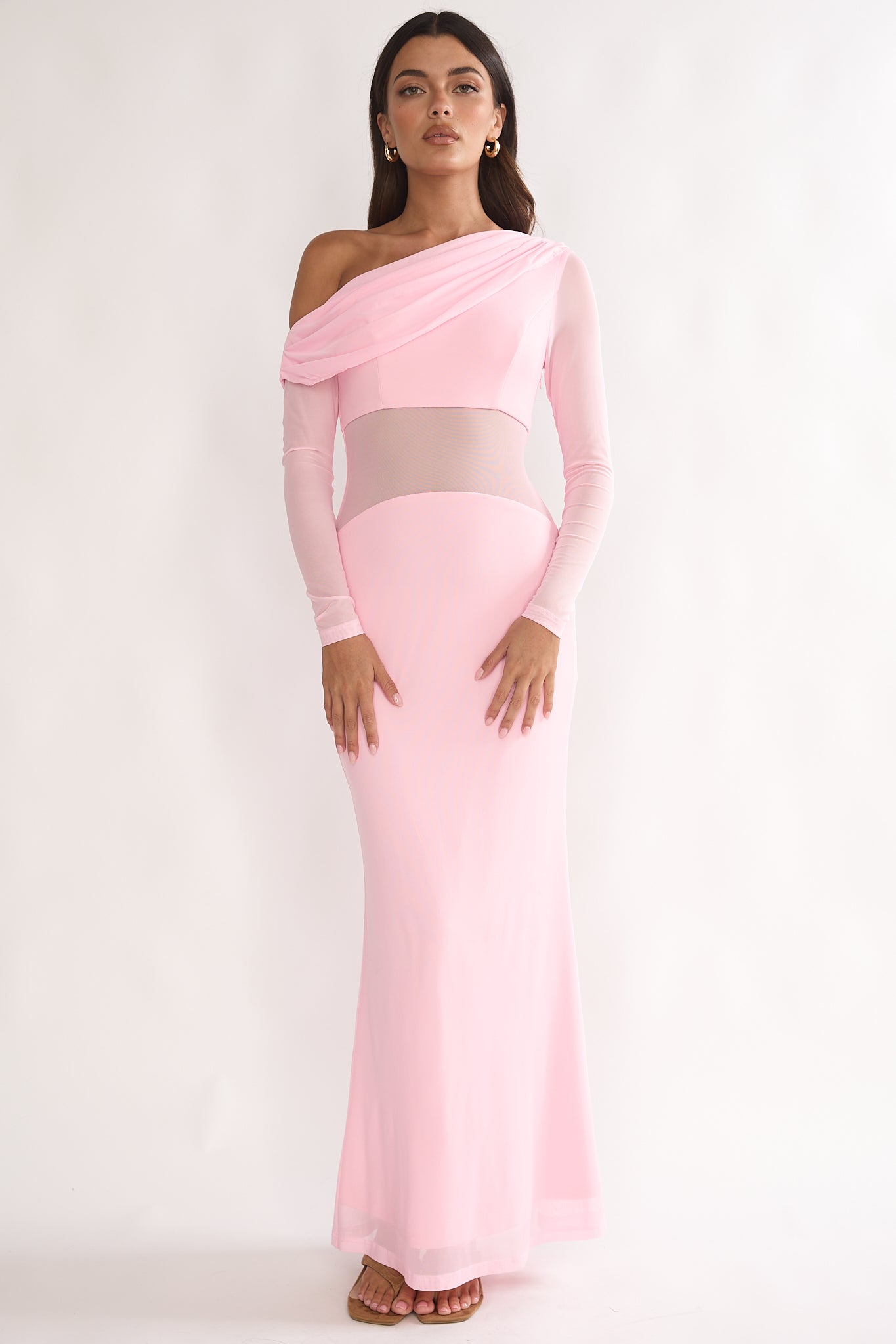 Milos Asymmetric Neckline Long Sleeve Maxi Dress Pink by Selfie Leslie Australia