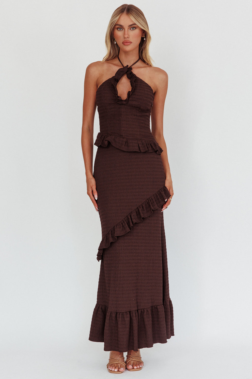 Clemence Smocked Frill Trim Maxi Dress Chocolate by Selfie Leslie Australia