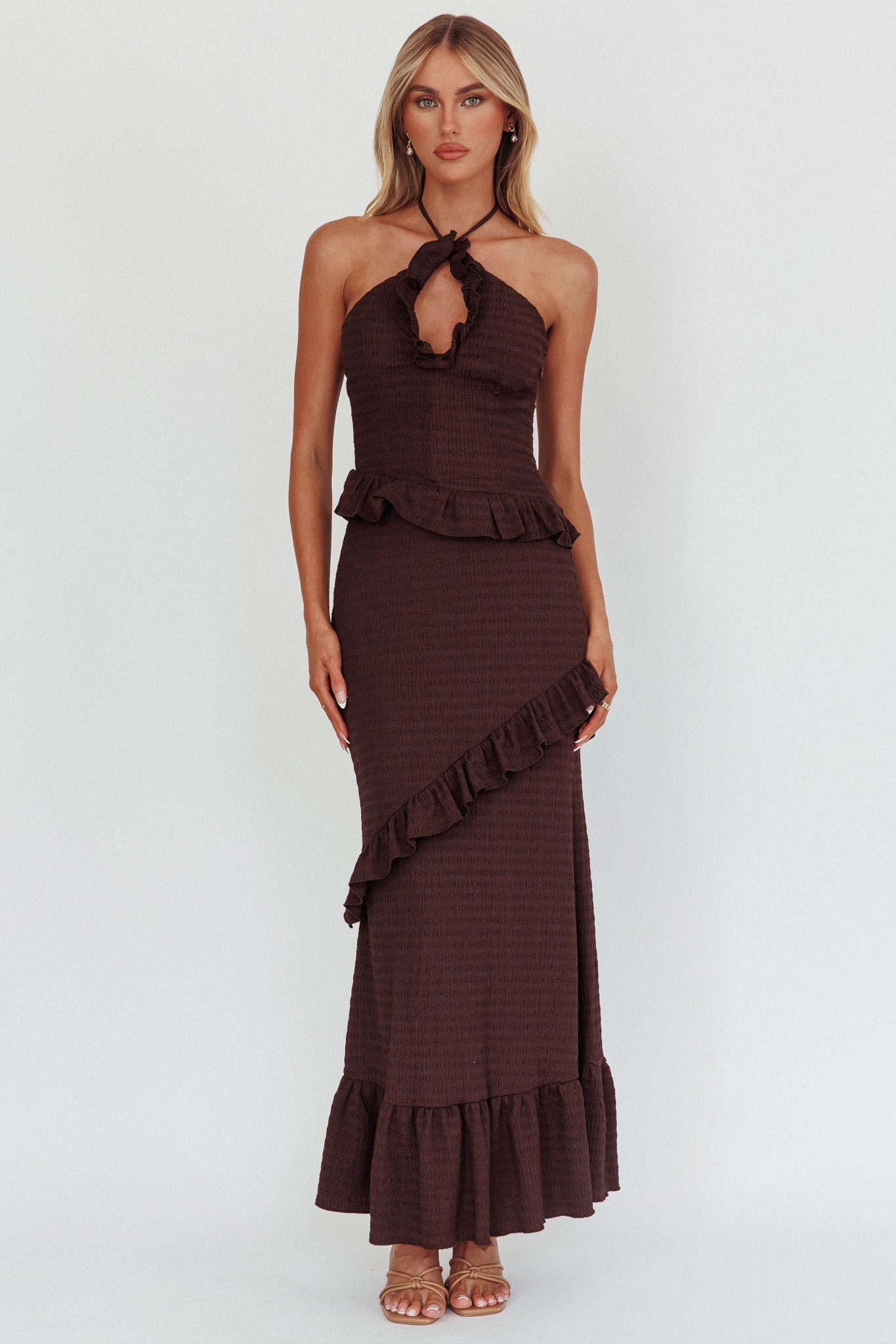Clemence Smocked Frill Trim Maxi Dress Chocolate by Selfie Leslie Australia