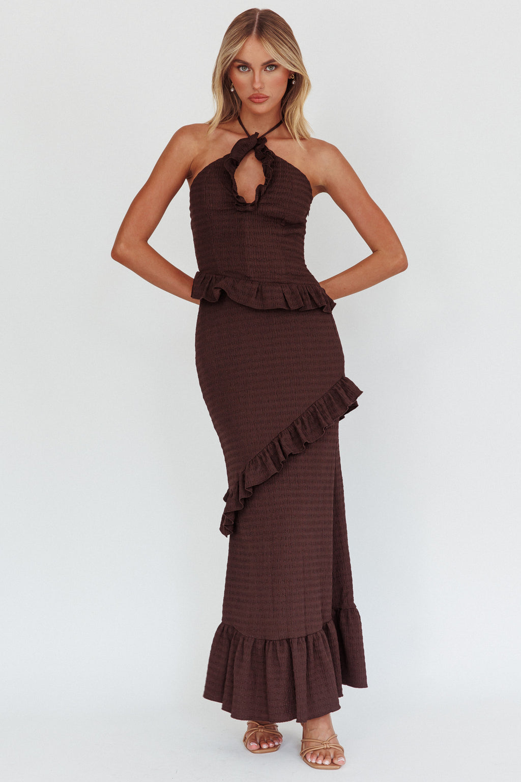 Clemence Smocked Frill Trim Maxi Dress Chocolate by Selfie Leslie Australia