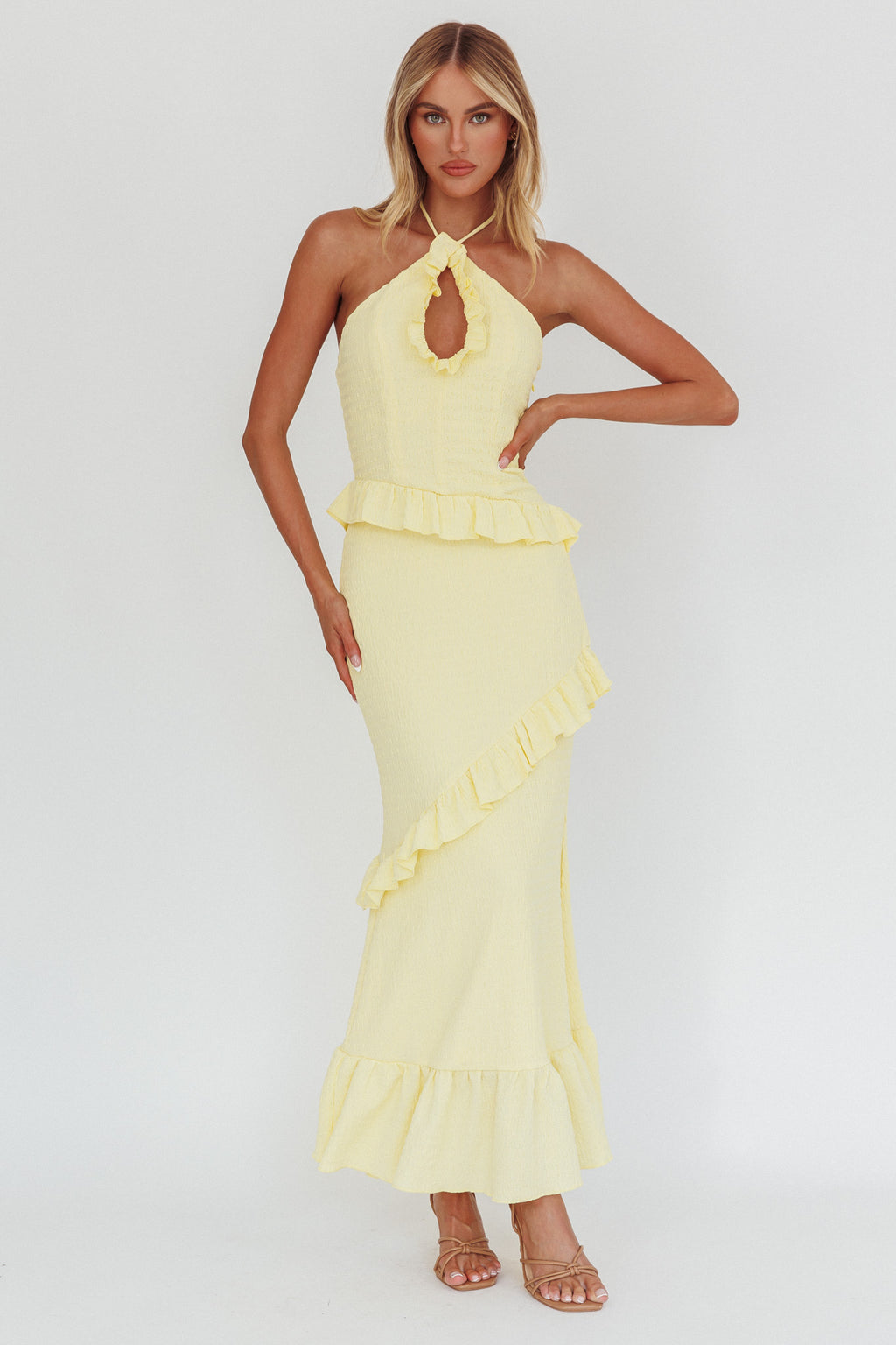 Clemence Smocked Frill Trim Maxi Dress Lemon by Selfie Leslie Australia