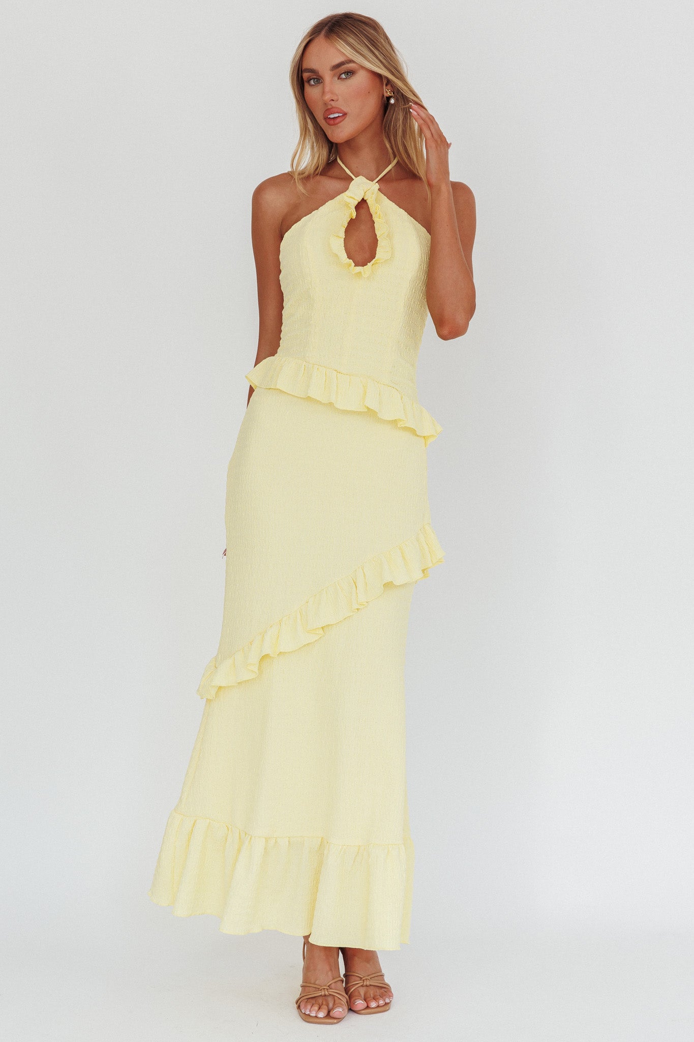Clemence Smocked Frill Trim Maxi Dress Lemon by Selfie Leslie Australia