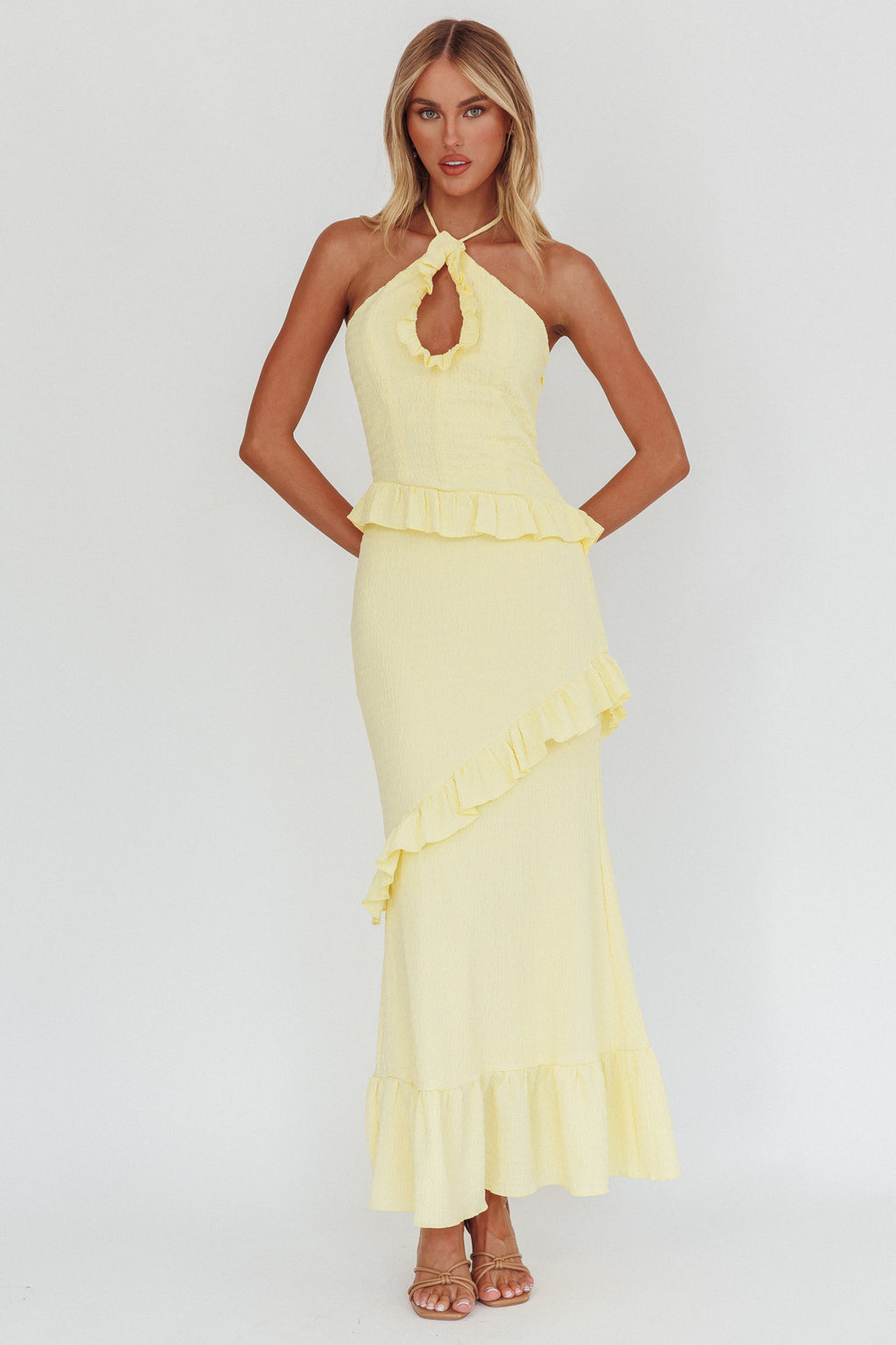 Clemence Smocked Frill Trim Maxi Dress Lemon by Selfie Leslie Australia