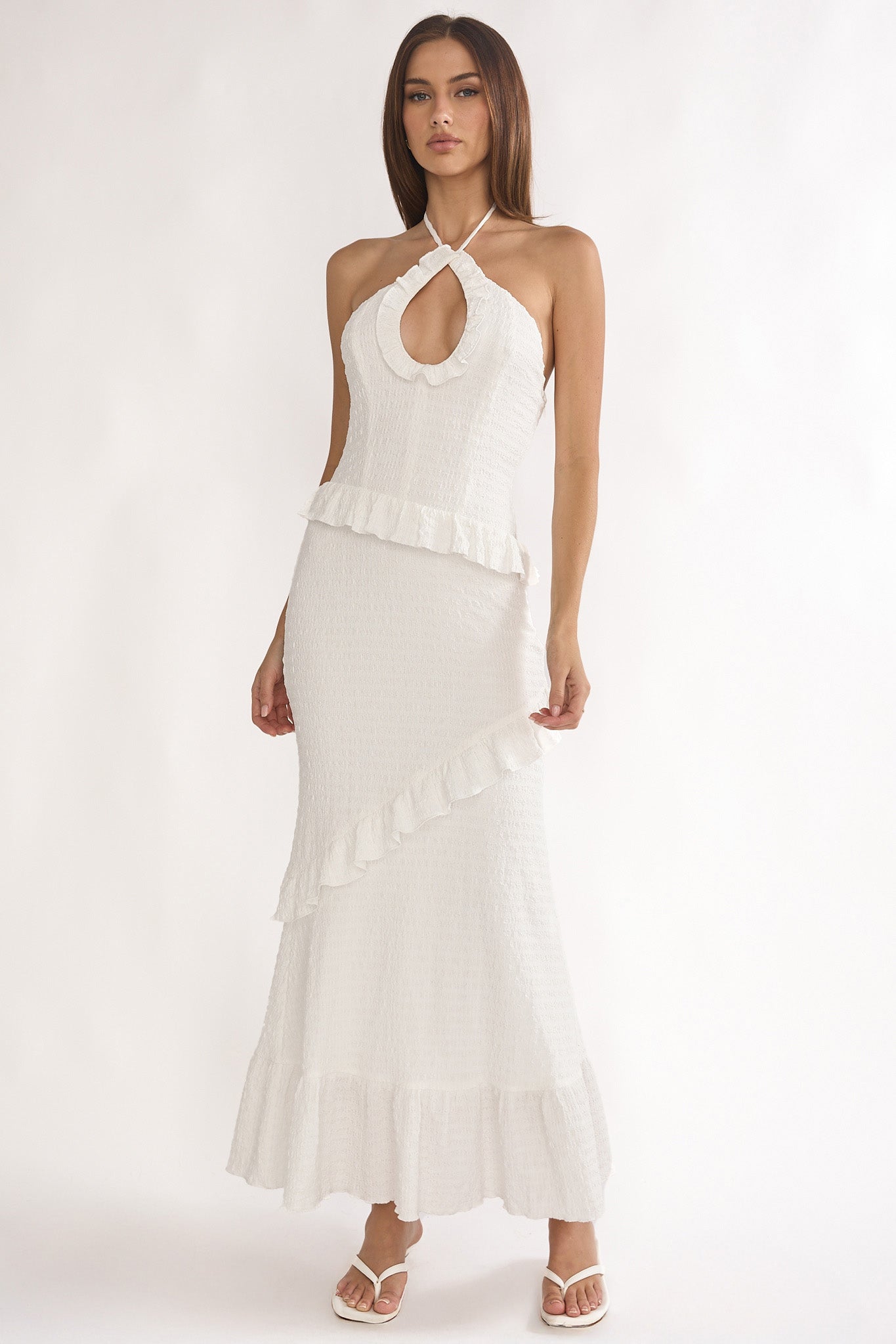 Clemence Smocked Frill Trim Maxi Dress White by Selfie Leslie Australia