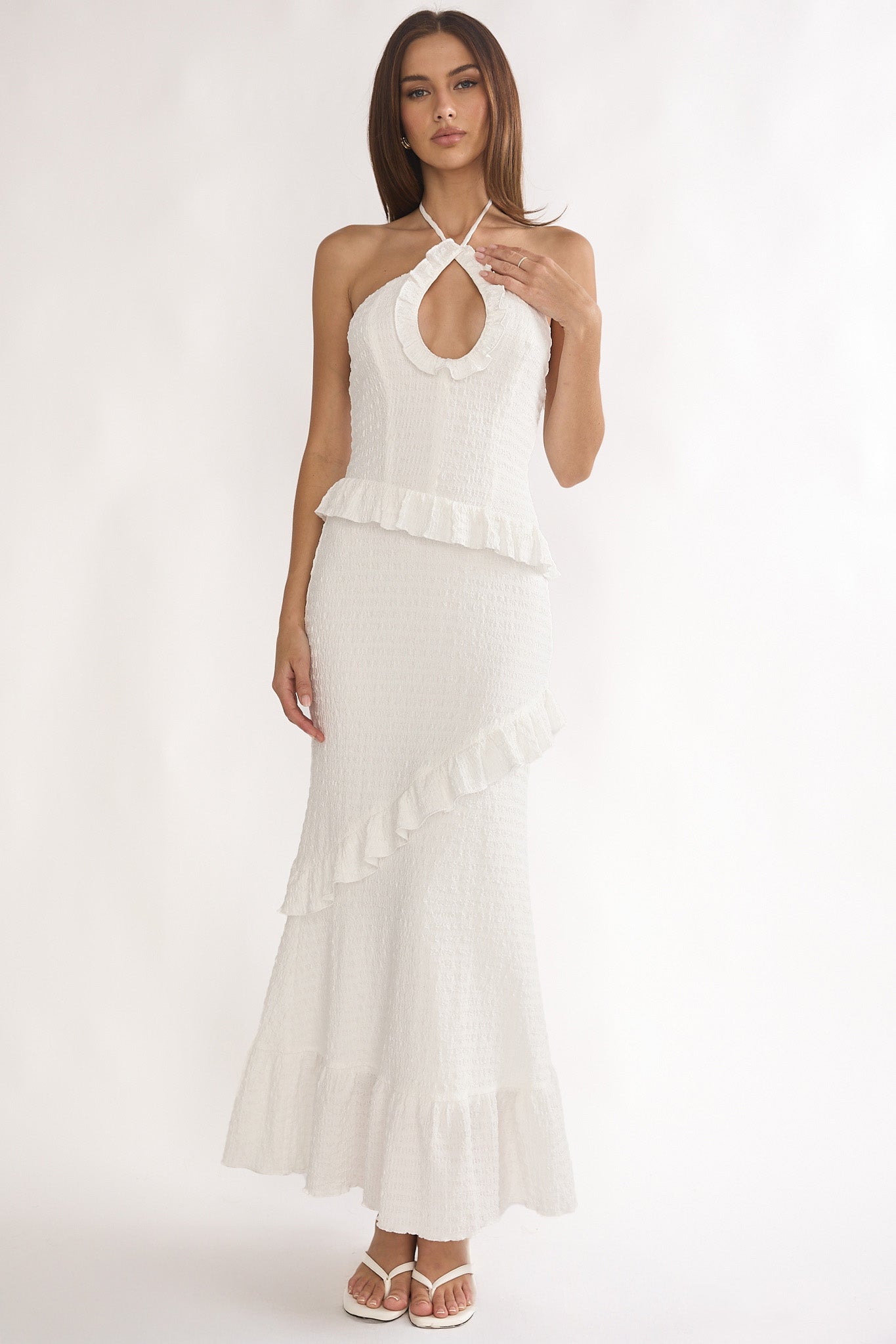 Clemence Smocked Frill Trim Maxi Dress White by Selfie Leslie Australia