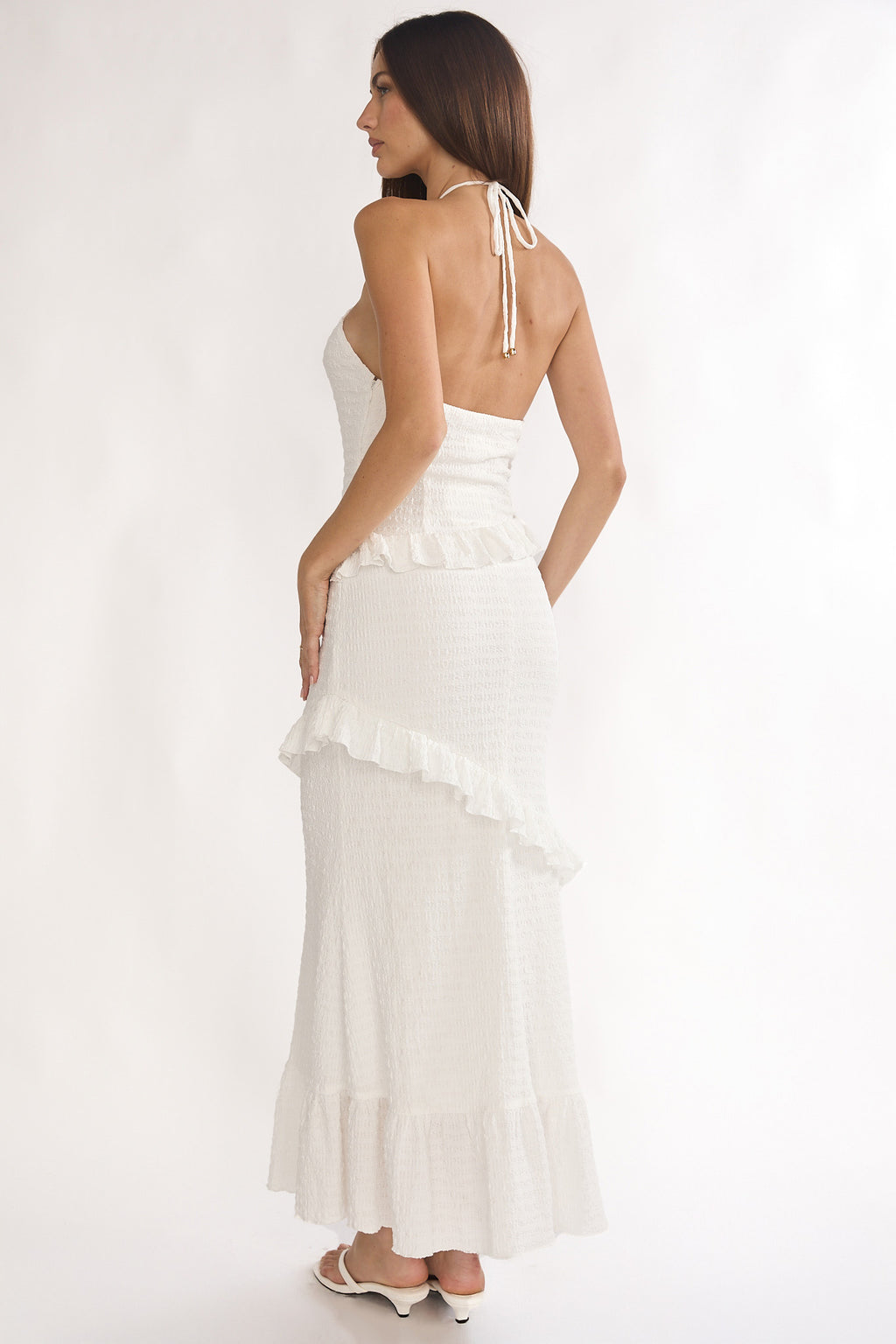 Clemence Smocked Frill Trim Maxi Dress White by Selfie Leslie Australia