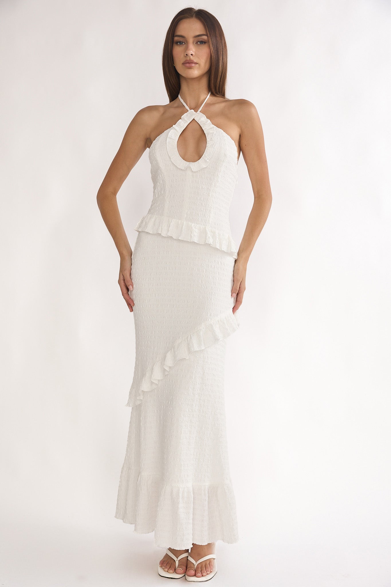 Clemence Smocked Frill Trim Maxi Dress White by Selfie Leslie Australia