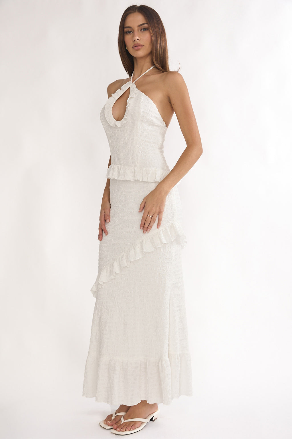 Clemence Smocked Frill Trim Maxi Dress White by Selfie Leslie Australia