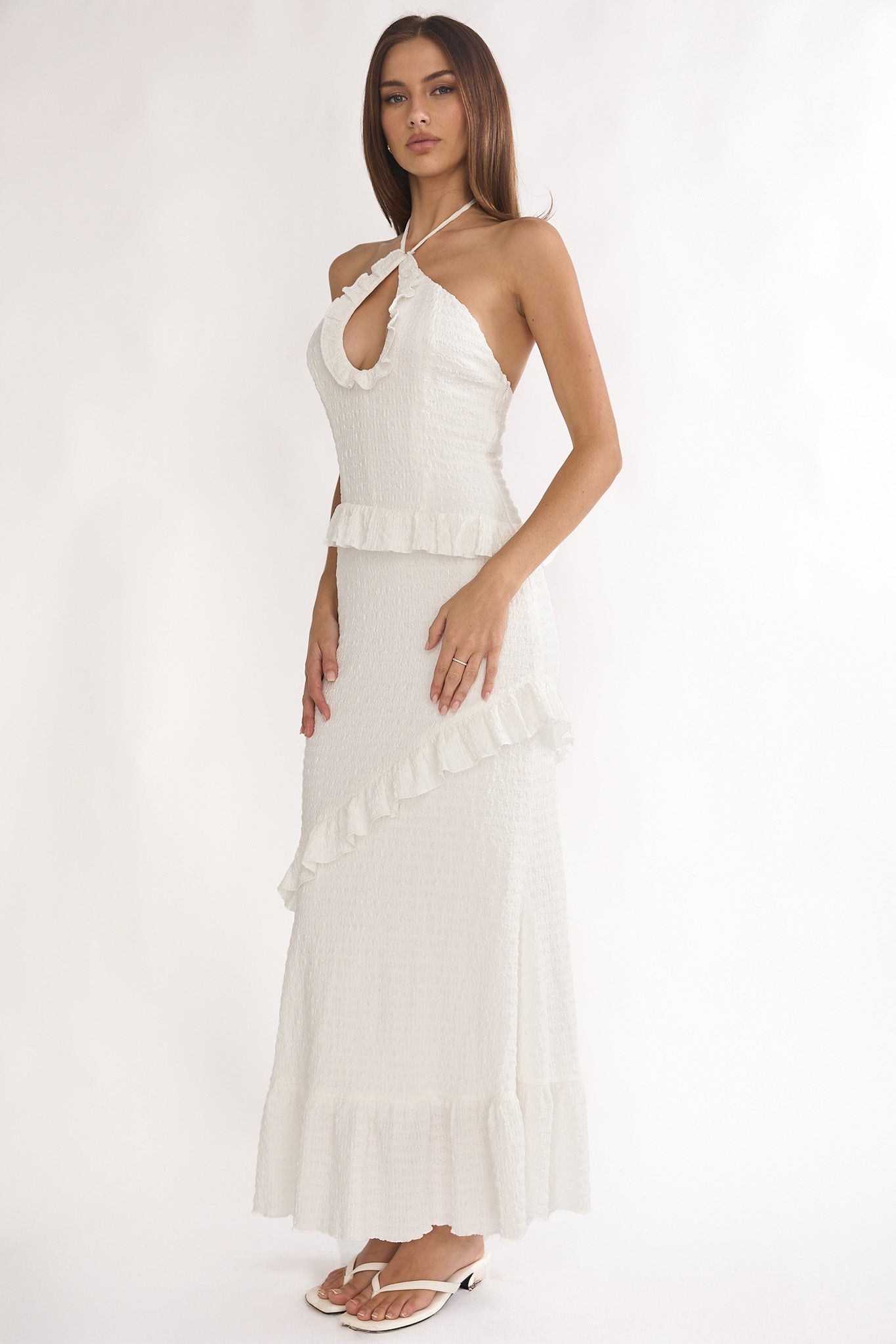 Clemence Smocked Frill Trim Maxi Dress White by Selfie Leslie Australia