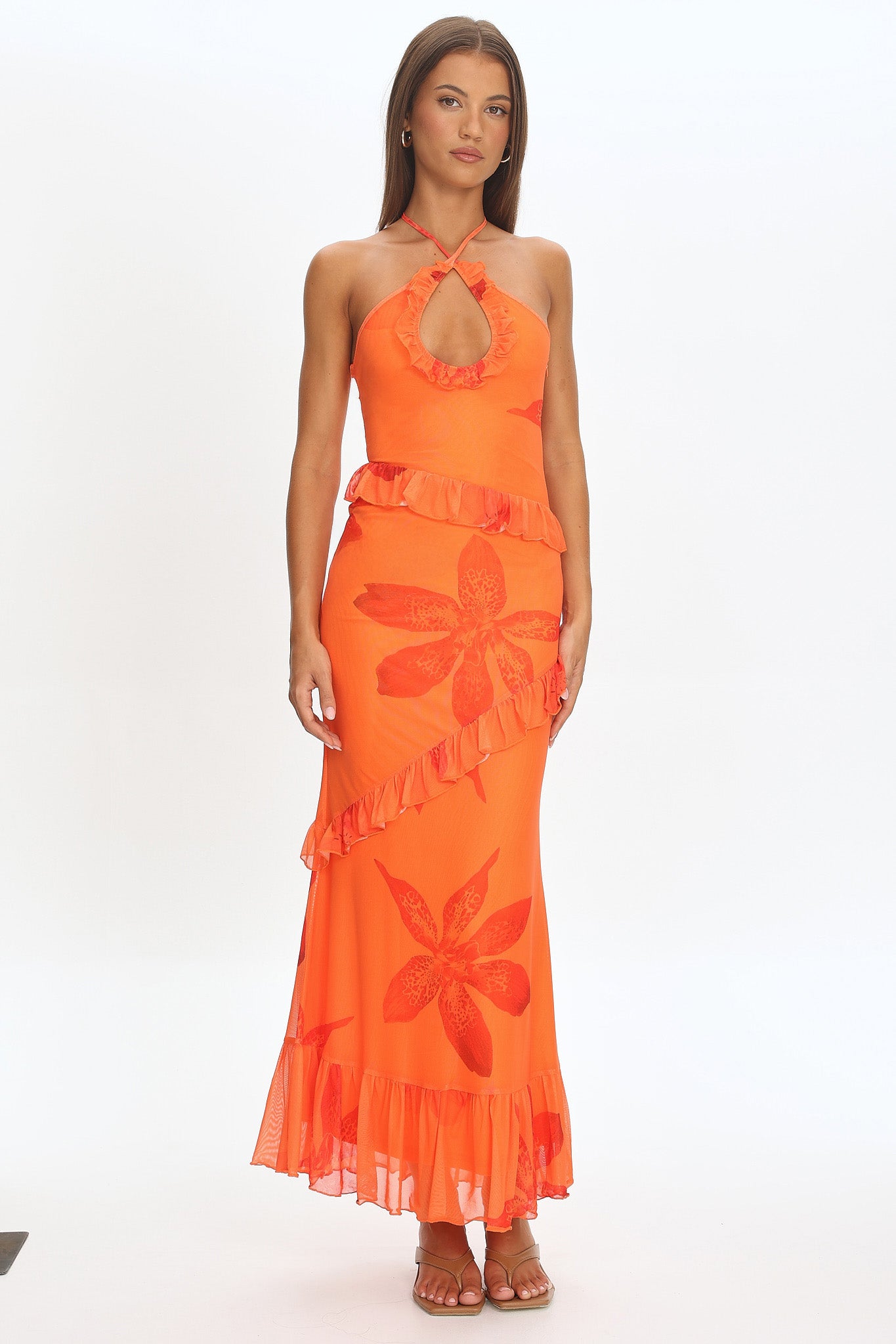 Clemence Mesh Overlay Frill Trim Maxi Dress Floral Orange by Selfie Leslie Australia